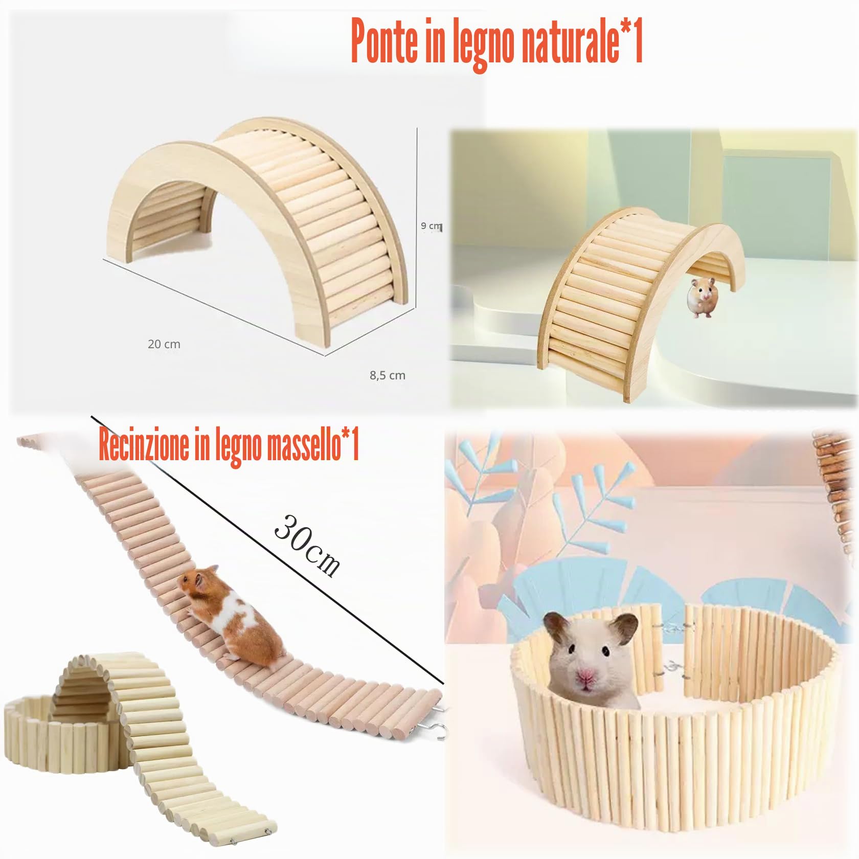 Moderna gabbia per criceti di pino, per casa, giochi e paesaggi nella cassetta dei bambini. Contiene sei pezzi, casa, tavolo, recinzione, nido di uccelli, ponte in legno, segatura, 8 pezzi (set