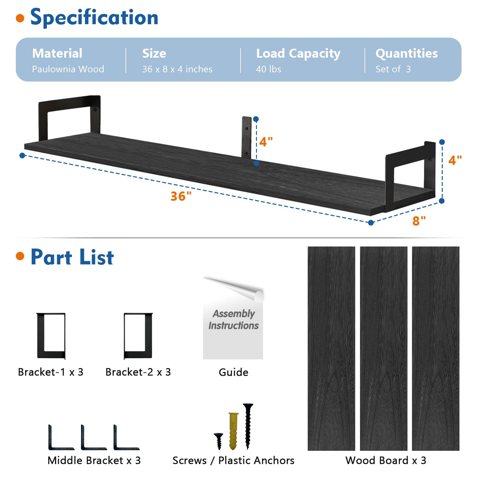 Harwaya Juego de 3 estantes flotantes grandes para libros de pared, estante de montaje en pared de 36 pulgadas de largo para dormitorio, estantería colgante de madera resistente para libros