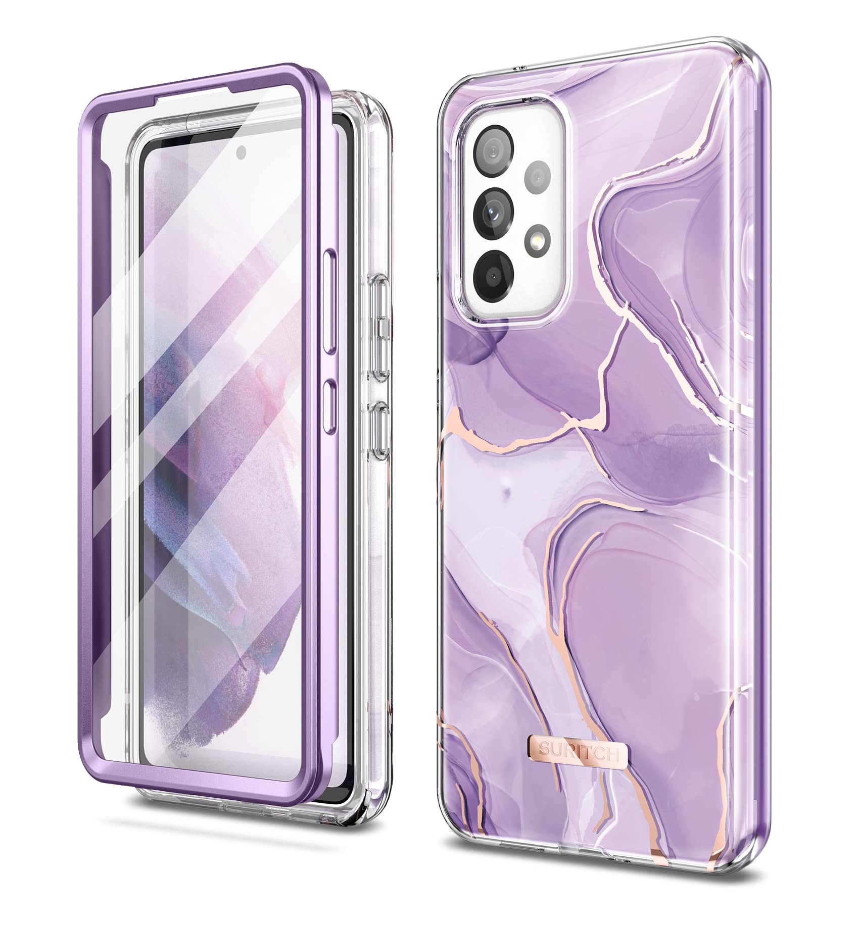 SURITCH Phone Case for Samsung Galaxy A53 5g 6.5", Built-in Screen Protector Dual-Layer Full Body Protection Anti-Scratch Shockproof Slim Fit for Women Girl Cute, Lilac Marble