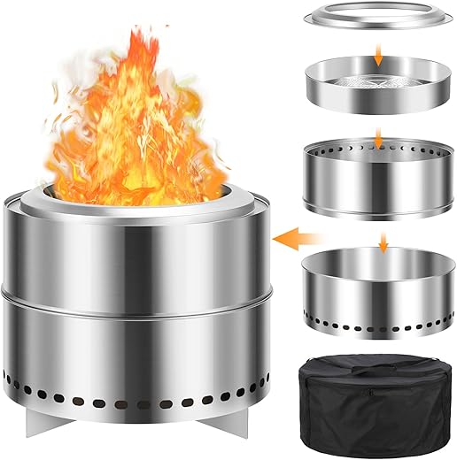 Portable Smokeless Fire Pit 20" Multi-Functional Camping Firepit with Stand and Carrying Bag Wood Burning Lightweigt Outdoor Fireplace for Gatherings and Bonfire Activities for Outside Stainless Steel