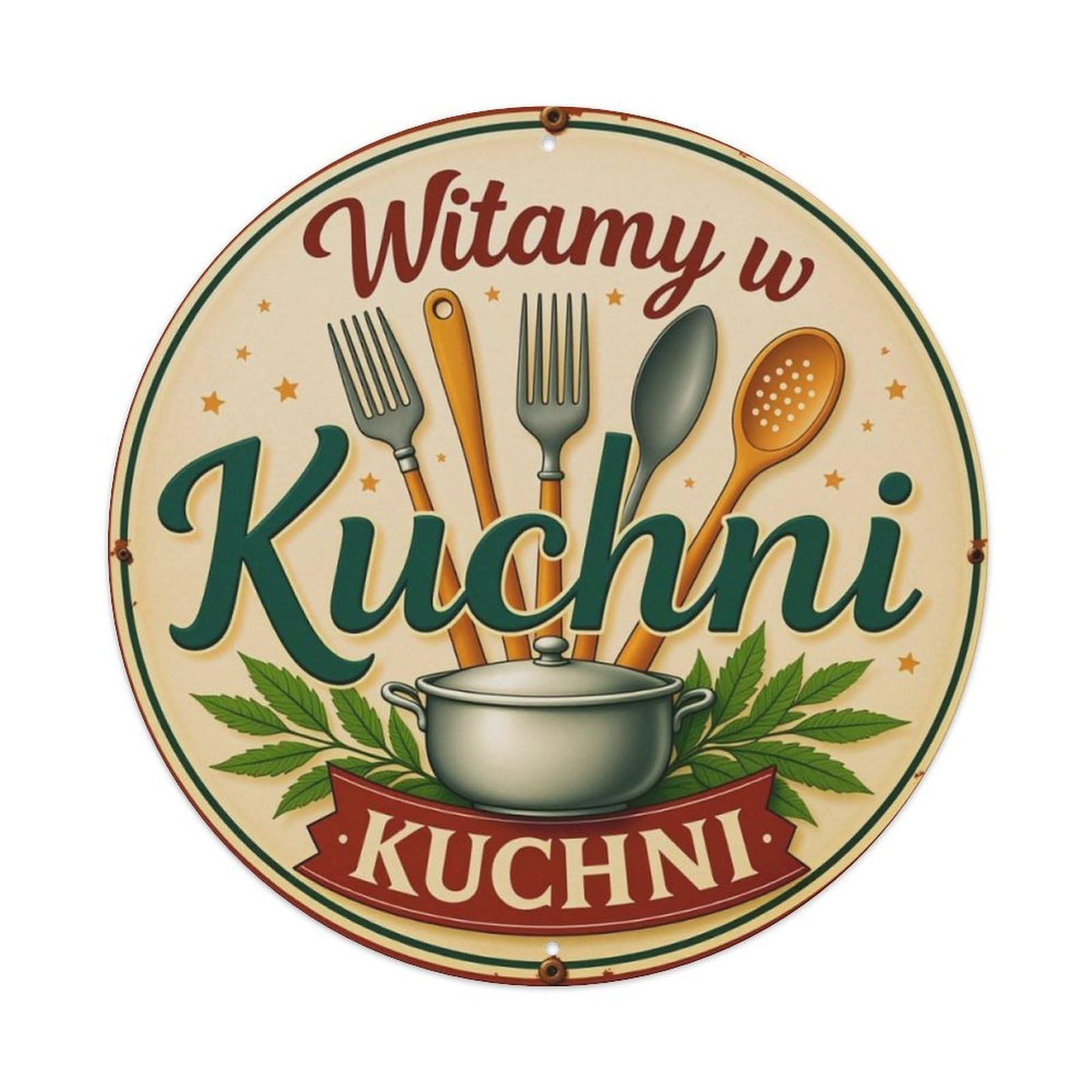 Vintage Kitchen Utensils Polish Welcome Round Sign Vintage Aluminium Metal Sign, Retro Wall Decor for Home, Bar, Garage & Farmhouse 20x20cm
