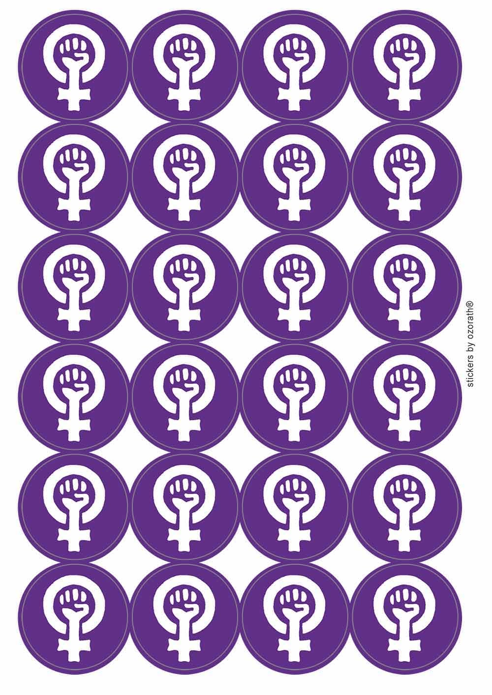 Purple Feminist Fist Circular Matt Paper Stickers A4 Sheet of 24 (Each Sticker is 45mm Diameter)