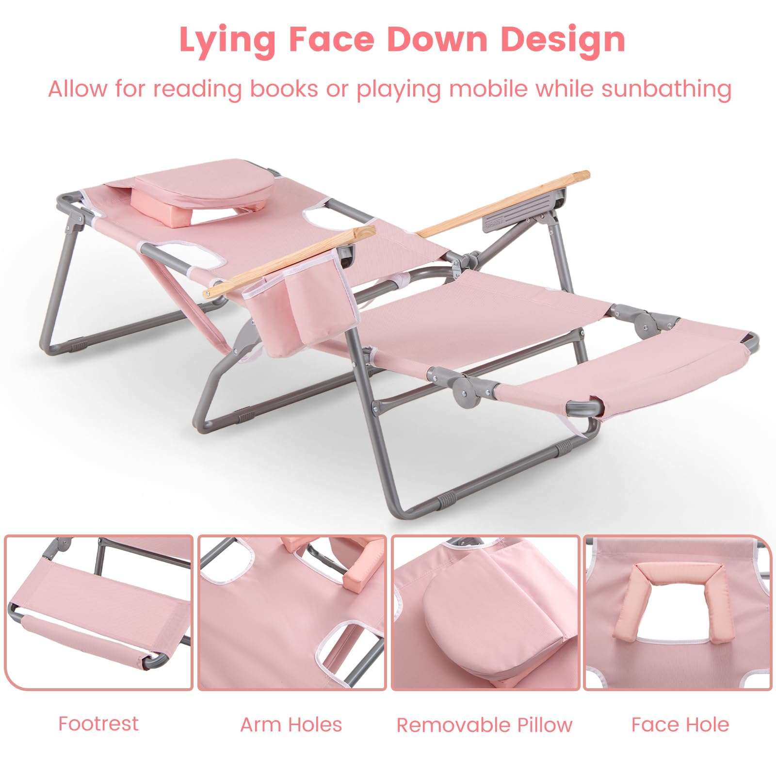 KOMFOTTEU Silla de Playa Reclinable con Agujero para Cara, Tumbona Plegable con Respaldo Ajustable de 4 Posiciones y Reposapiés de 2 Posiciones, Tumbona Jardín Exterior Baño de Sol (Rosa)