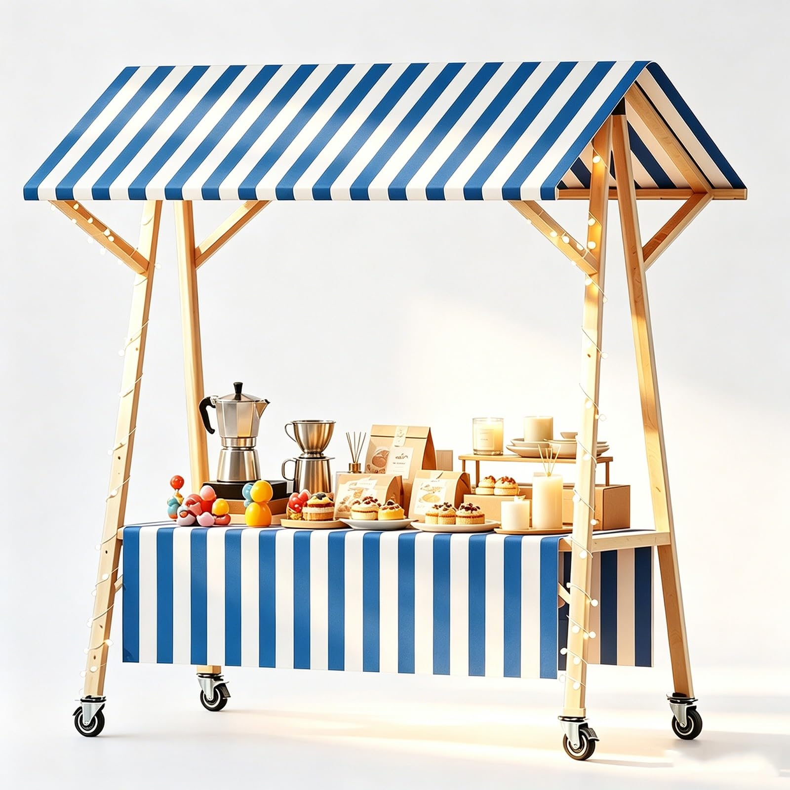 Stand de Mercado Plegable de Madera con Toldo, Carrito de Venta Ambulante para Exteriores, Quiosco de Mercado Portátil y Expositor para Venta Callejera y Eventos(Blue,150cm)