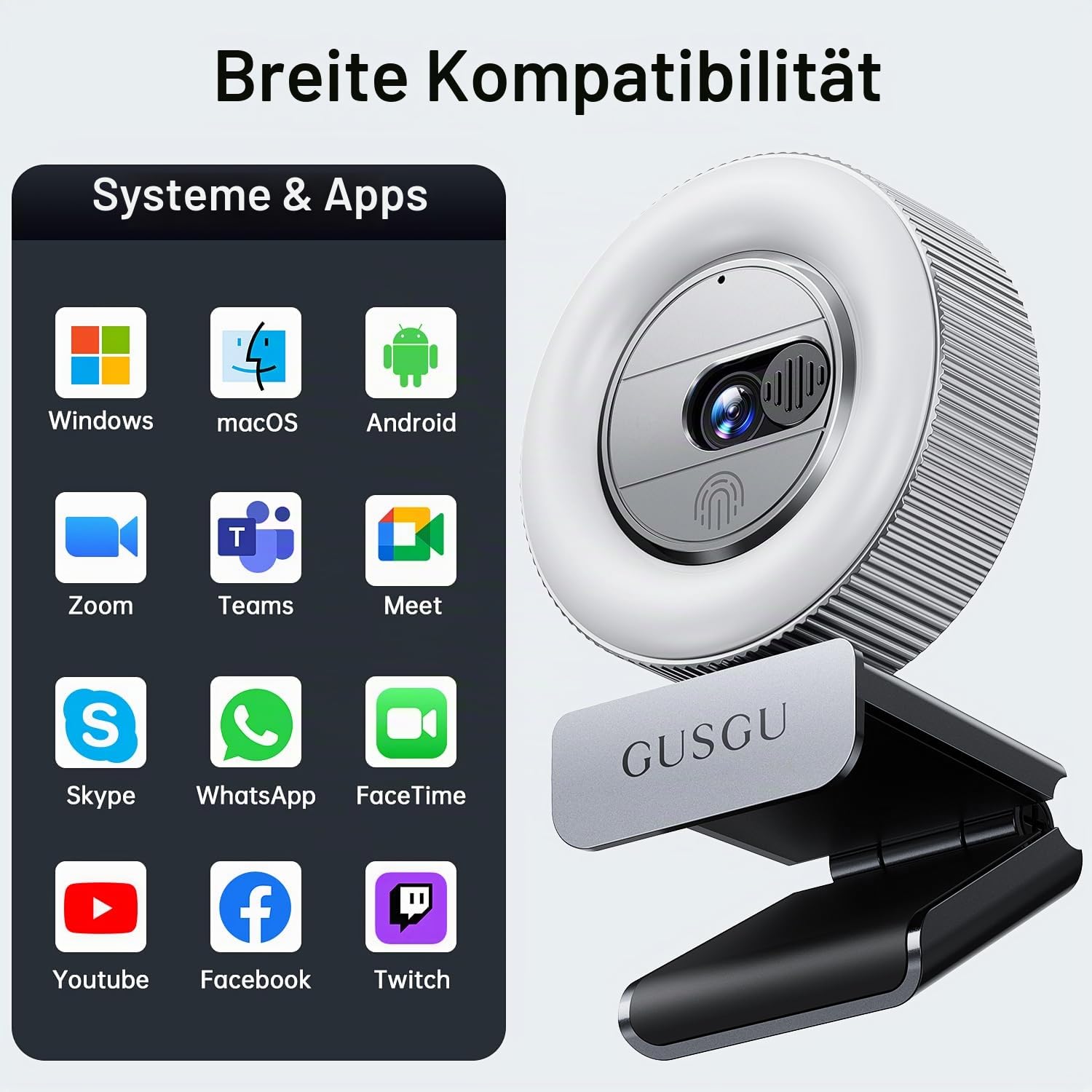 G910 2K Quad HD Webcam für PC, mit Mikrofon, Licht und Sichtschutzabdeckung, Webkamera für Desktop-Computer/Laptop/MacBook, USB-Streaming-Kamera