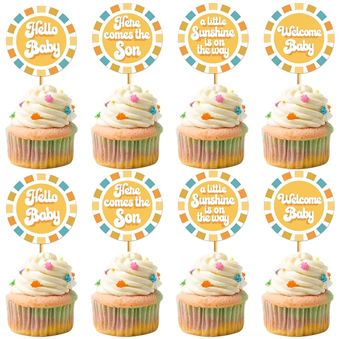 24PCS Here Comes The Son Baby Shower Cupcake Topper