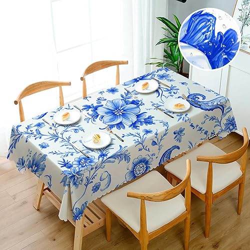 Miniatura 3 de Swono Mantel decorativo de cachemira azul floral étnico con mandala batik azul, para cocina, banquete de fiesta y día festivo, 52 x 70 pulgadas (4-6