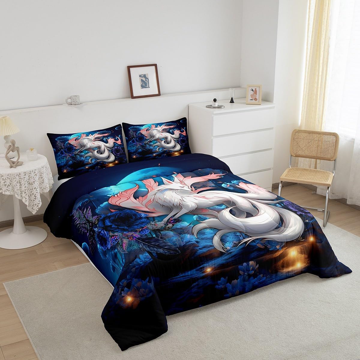 Feelyou Japanese Ukiyoe Comforter Set White Fox Blossoms Floral Bedding Bed Set for Kids Boys Girls Galaxy Exotic Animal Comforter Japanese Decor Dreamy Quilt Set Bedroom Collection 3Pcs King Size