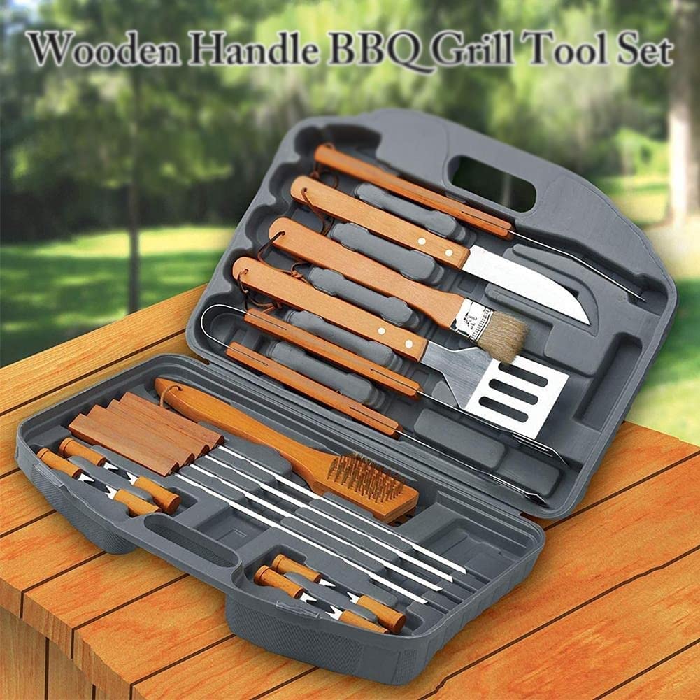 Juego de Herramientas para Barbacoa de 18 Piezas, Herramientas para Barbacoa con Mango de Madera de Acero Inoxidable cumpleaños, Juego de Utensilios para Barbacoa, Regalos I