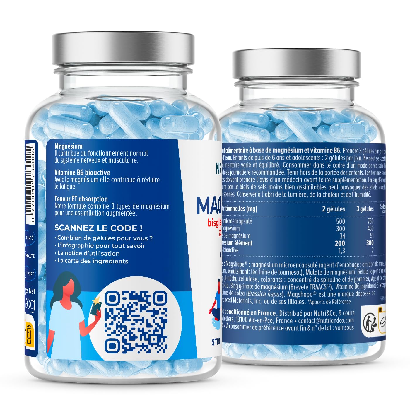 NUTRI&CO Magnésium Bisglycinate Malate & Liposome vitamine B6 | 240 Gélules | Haute Teneur 300mg/j | Haute Absorption Supérieure au Magnésium Marin | Fatigue & Stress | Vegan | Conditionné en France
