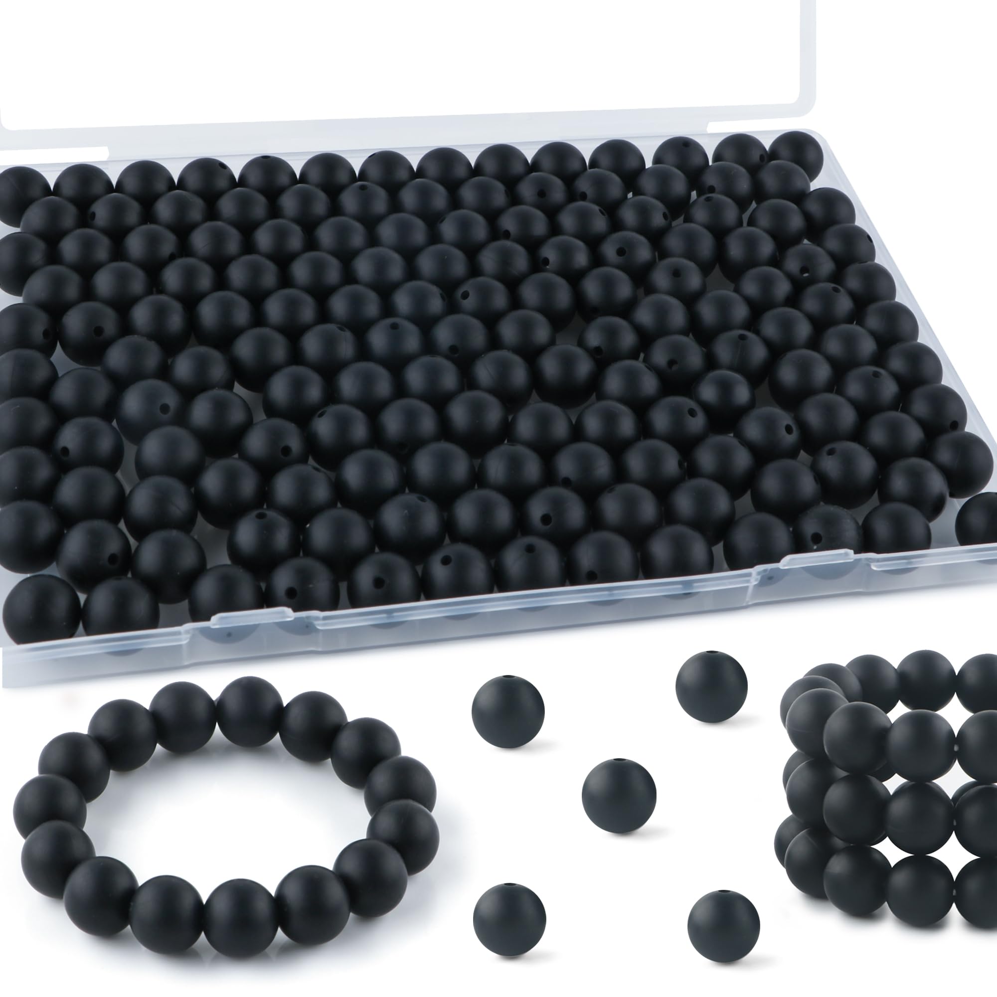 Kovict 200pcs Silicone Beads, 12mm Silicone Beads for Keychain Making, Pens Bracelet Necklace DIY Crafts（Black）