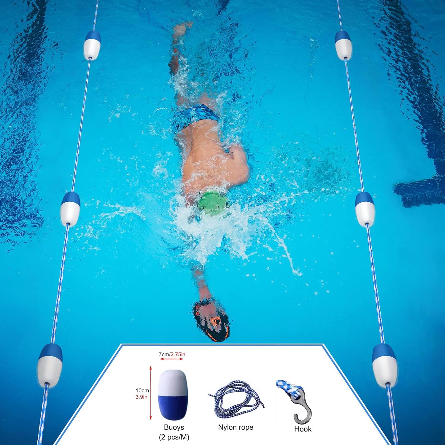 50m Swimming Pool Lane Line - Floating Ball Hooks Safety Divider Rope for Swimming Lanes & Hazard Areas, Durable Floating Rope for Pool Safety and Organization