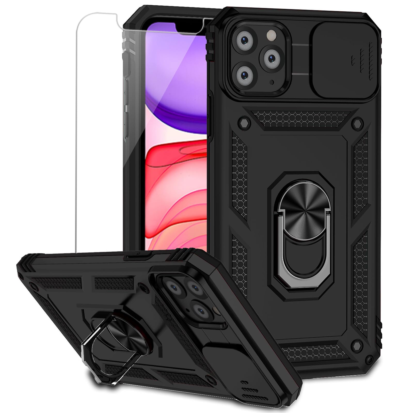 for iPhone 11 Pro Case with Camera Lens Cover HD Screen Protector, Dual Layer Military Grade Drop Protection Magnetic Ring Holder Kickstand Protective