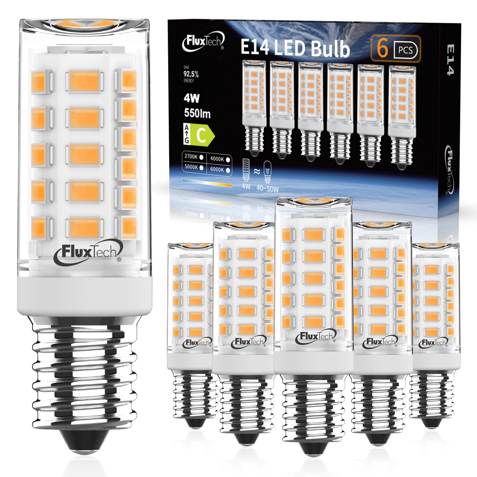 FluxTech E14 LED Light Bulb Warm White 2700K, 3W 480LM (40W 50W Equivalent), Flicker-Free Small Screw Lamps SES Bulbs for Home Lighting, Non-dimmable 6 Pack