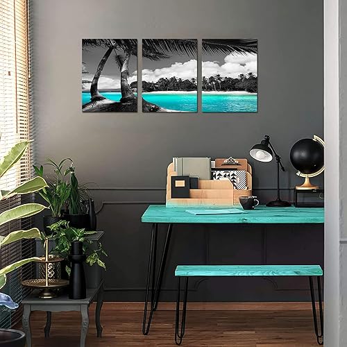 Miniatura 6 de SkenoArt 3 paneles de lienzo verde azulado para pared, diseño de playa hawaiana en blanco y negro, palmera tropical, impresiones giclée para