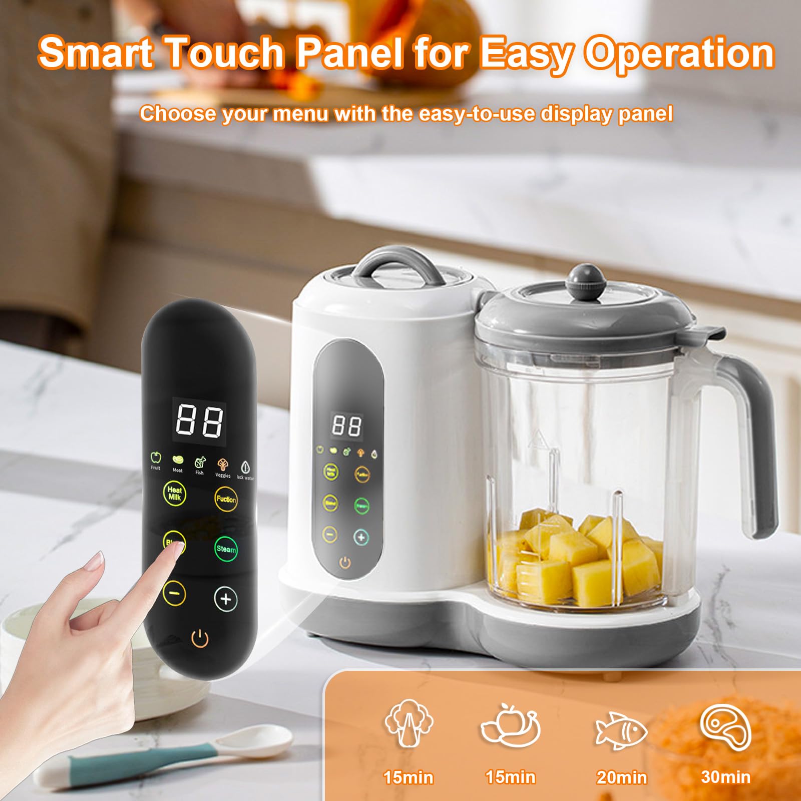 Máquina automática de alimentos para bebés 4 en 1, procesador de alimentos casero multifuncional de 450 W con vaporizador, licuadora de puré, 4 menús preestablecidos, control de pantalla