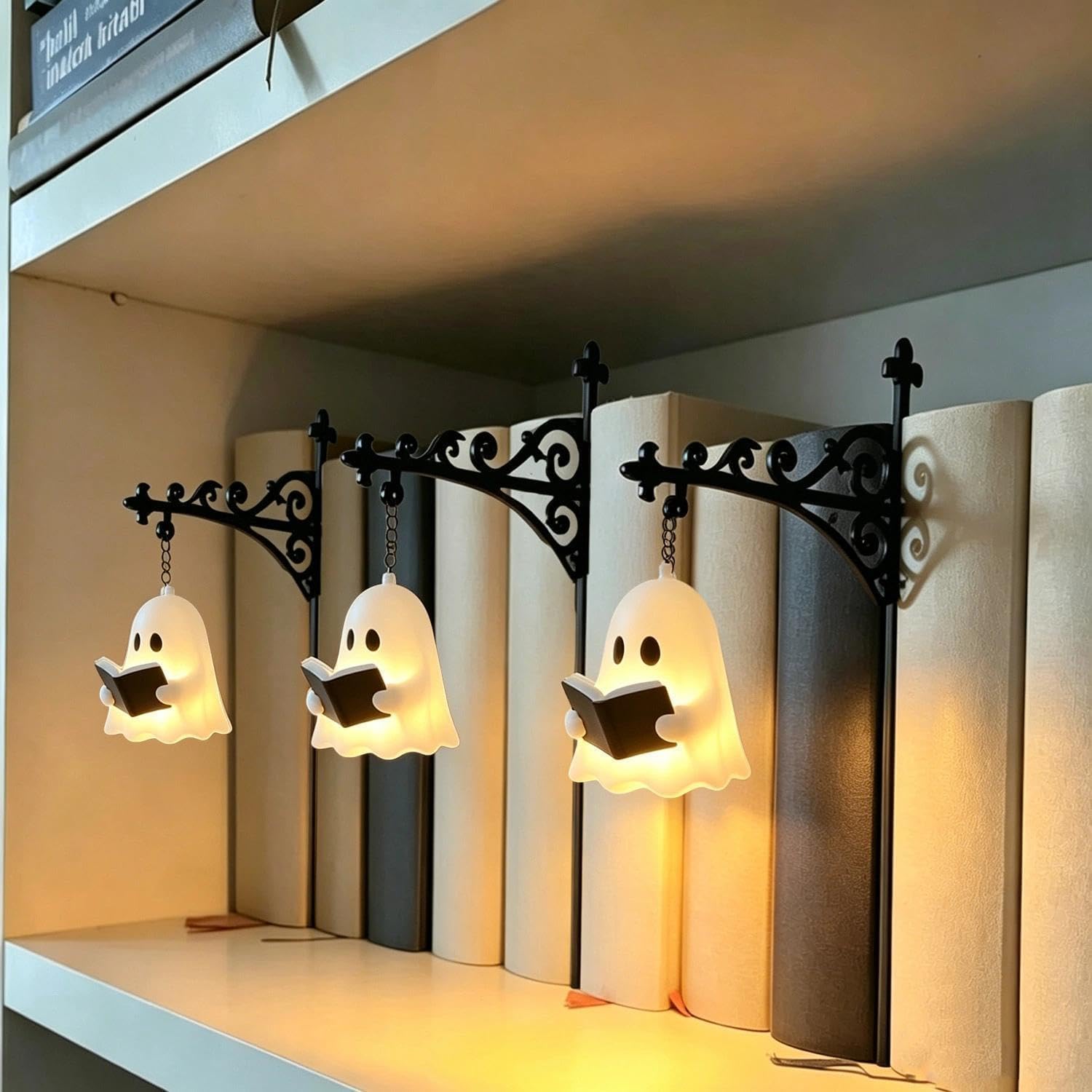 Mallyun Library Lantern Decorative Bookshelf Lighting, Library Lantern Mini Bookshelf Lamp, Vintage Table Bookcase Lamp, Miniature Reading Book Led Nightlight, Unique Gift for Book Lovers (Ghost-3PC)