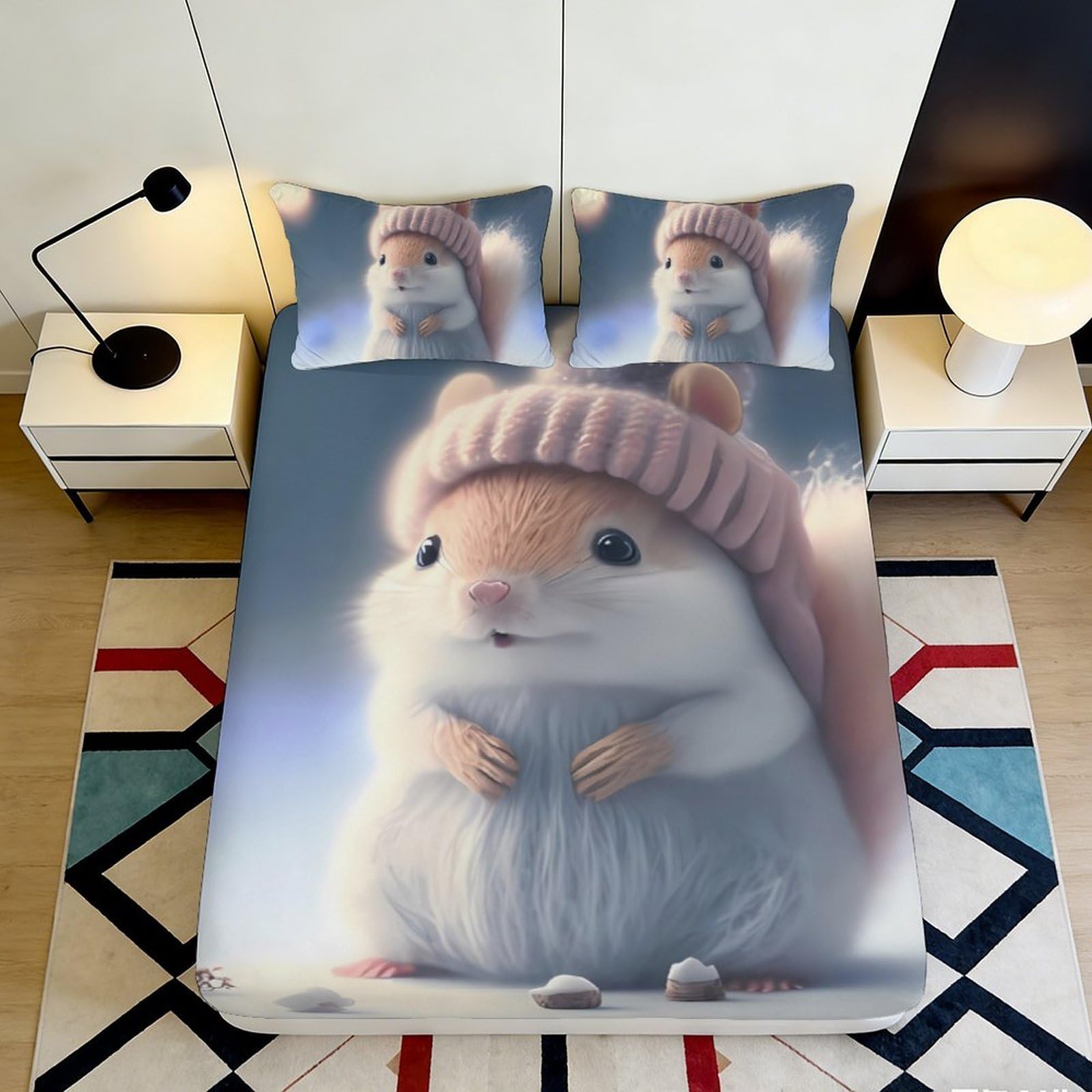 3D Printed Cute Hamster Fitted Sheet Microfiber Soft Bedroom Decor Cartoon Animal Bed Cover for Home Dorm 90x200x25cm