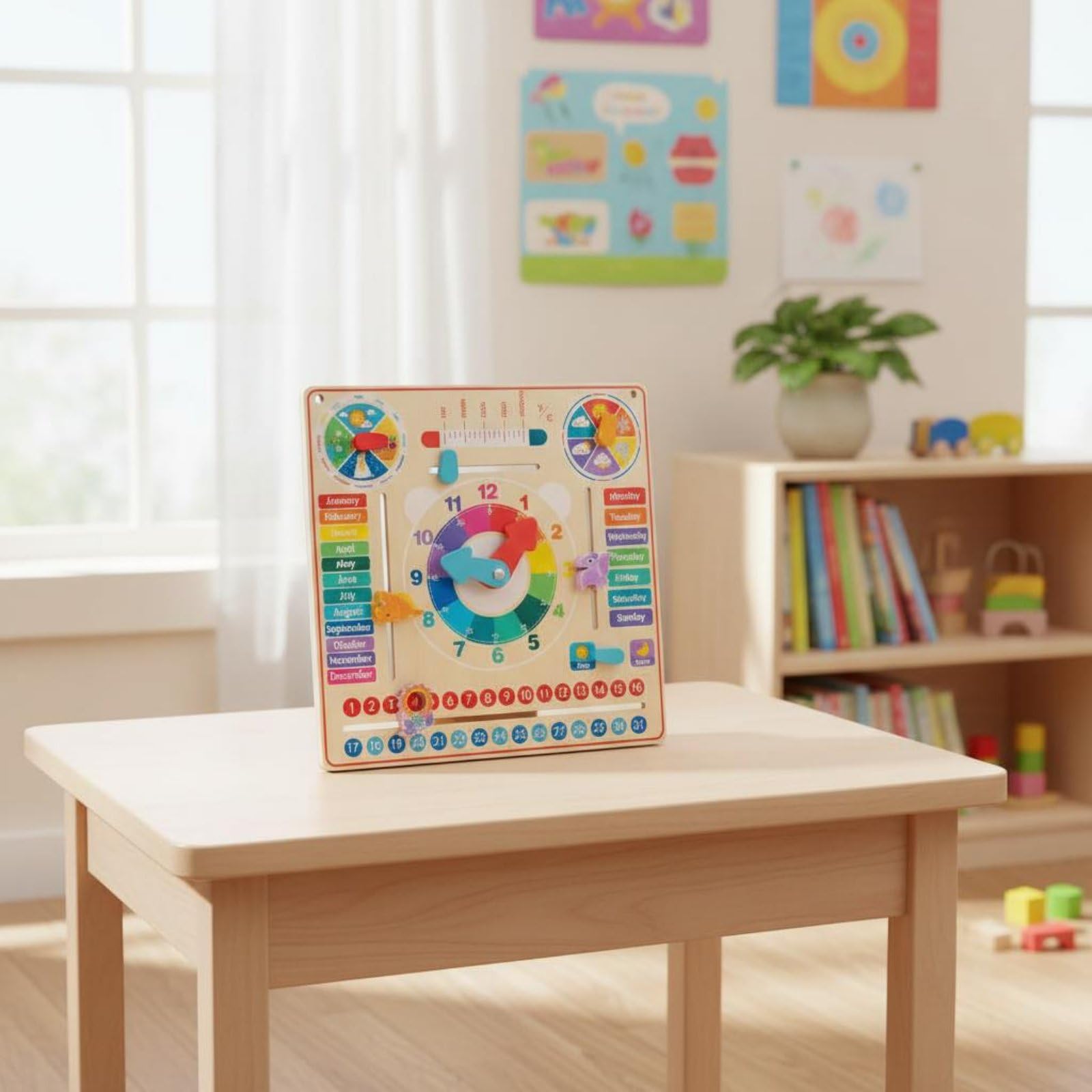 Lernuhr Holz Kalender Uhr Lernspielzeug Lernbrett mit Drehbaren Zeigern Schiebeelementen Wetter Temperatur Förderung von Feinmotorik Und Wortschatz für Kindergarten Unterricht Zuhause