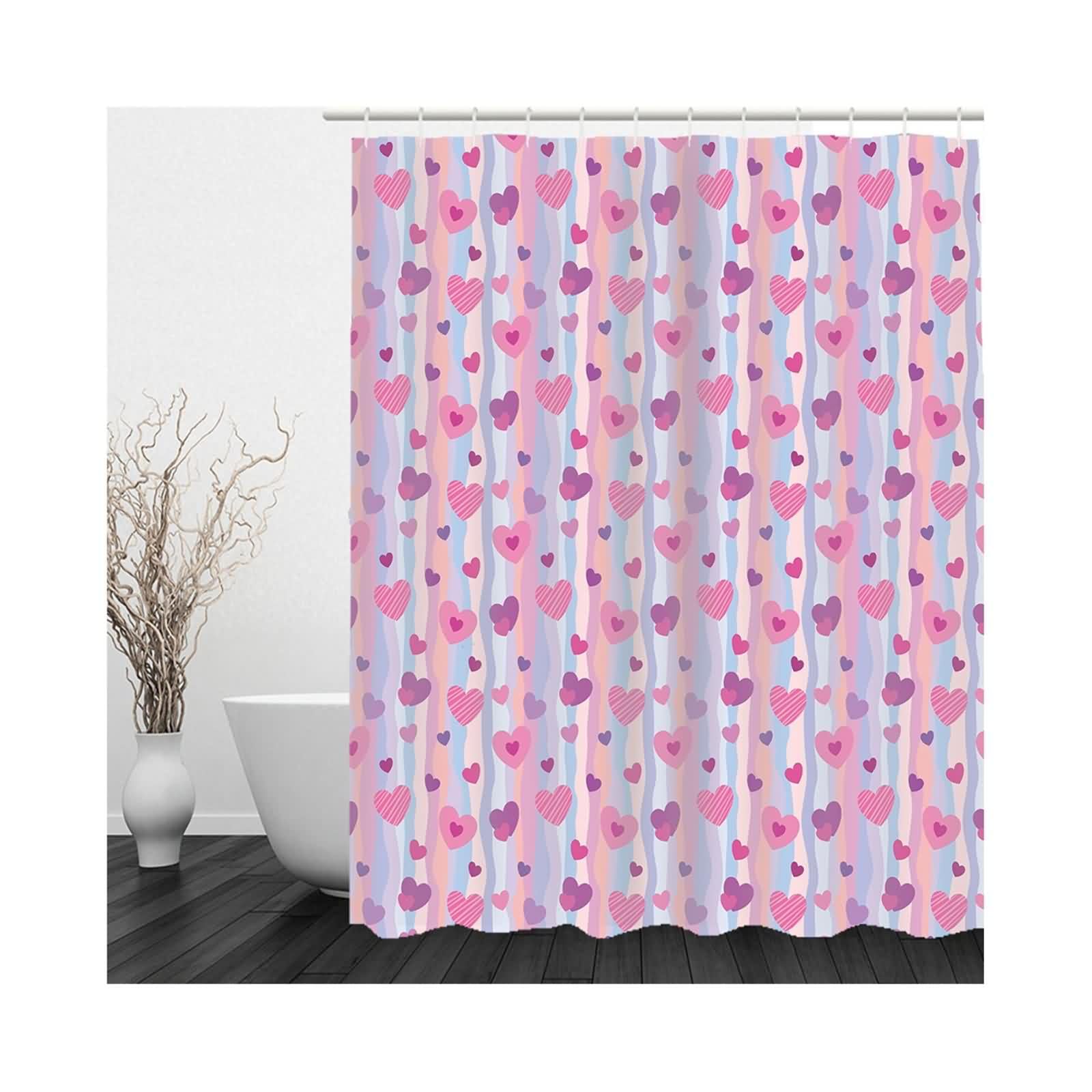 Rideau Douche Extensible Rideaux Tissu Coeur d'amour Anneau Grand Japonnisant Polyester Imperméable, Anti-Moisissure, Facile À Nettoyer 220x180cm