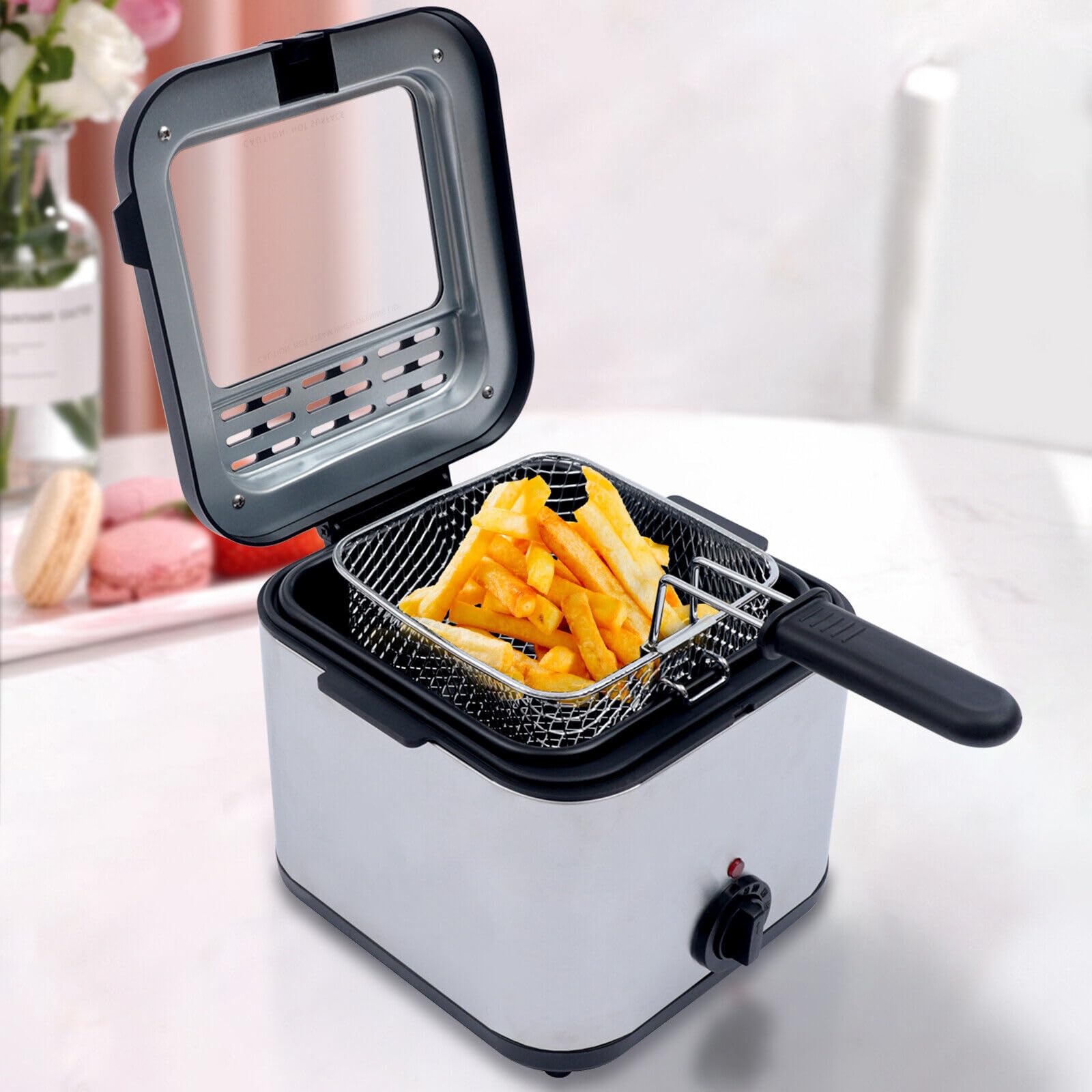 Electric Deep Fryer with Frying Basket, 1000W Stainless Steel Non-stick Deep Fryer, Temperature Adjustable, Overheat Protection, Prevent Hot Oil Splatter, 2.5L, for Home Party Use