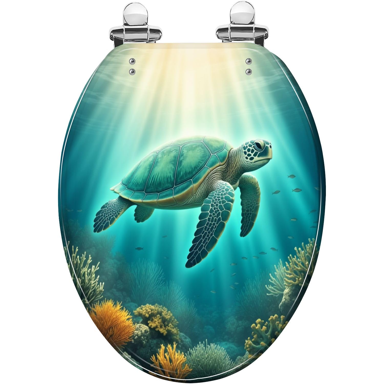 Asiento de inodoro alargado de resina con tortuga marina de fácil instalación y limpieza