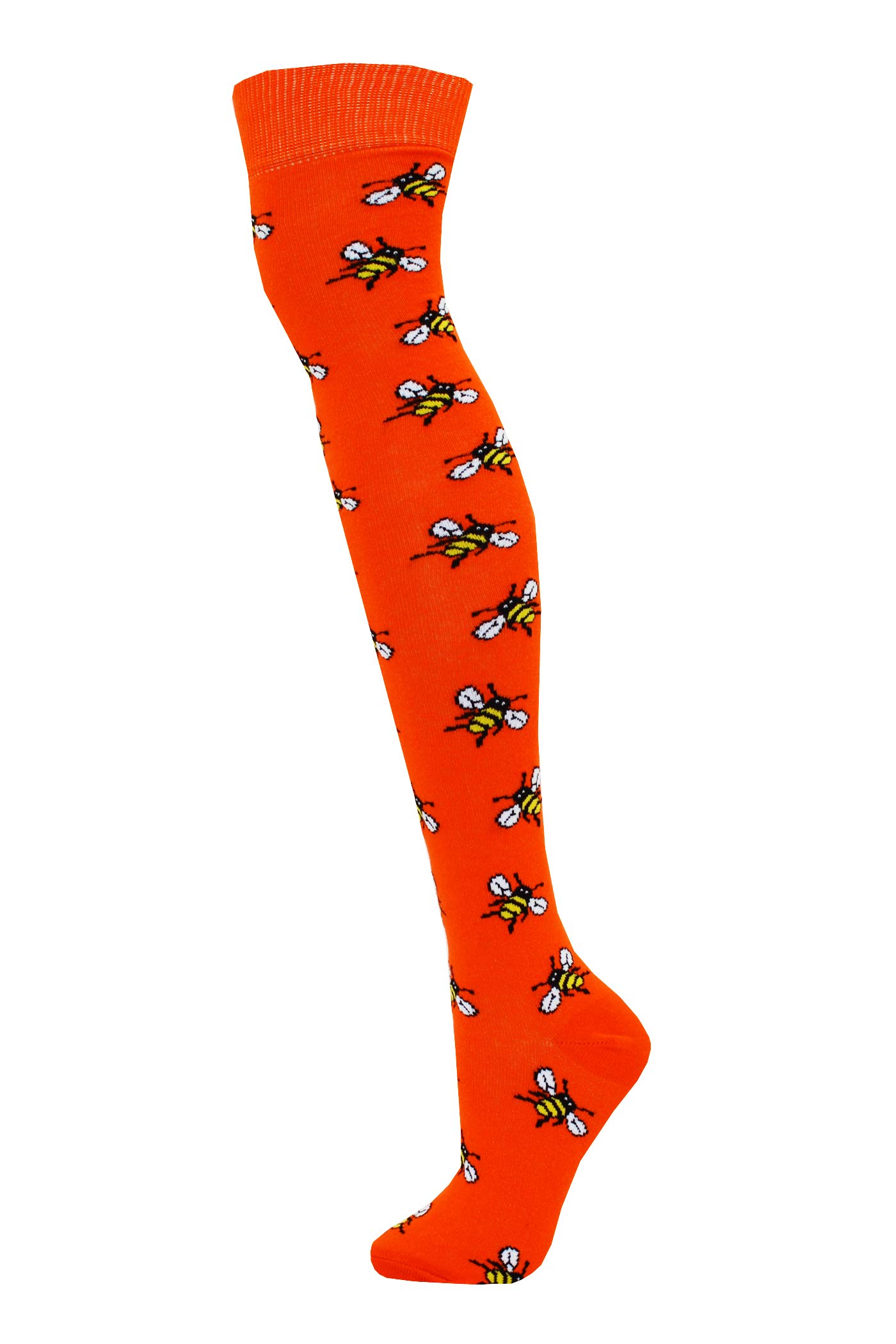macahel Festive Over The Knee Bee Print Design On Orange Socks Size 4-8 (Bee Orange)
