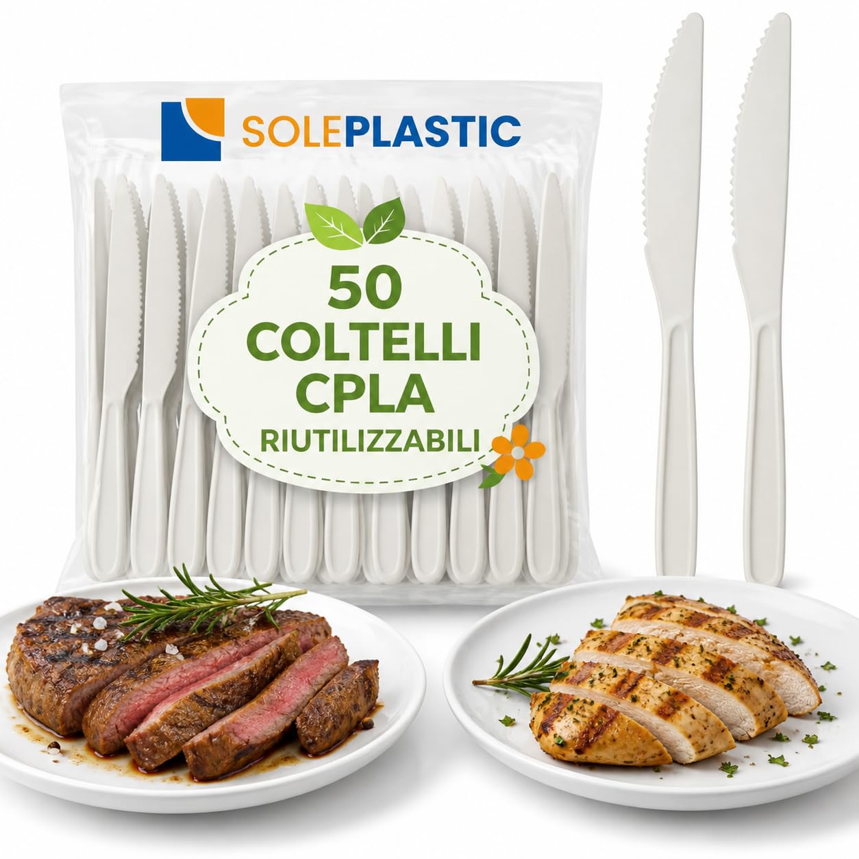 SOLEPLASTIC 50 Coltelli Riutilizzabili da 16 cm Bianco, Posate Ecologiche Resistenti per Catering, Feste, Eventi, Casa e Buffet