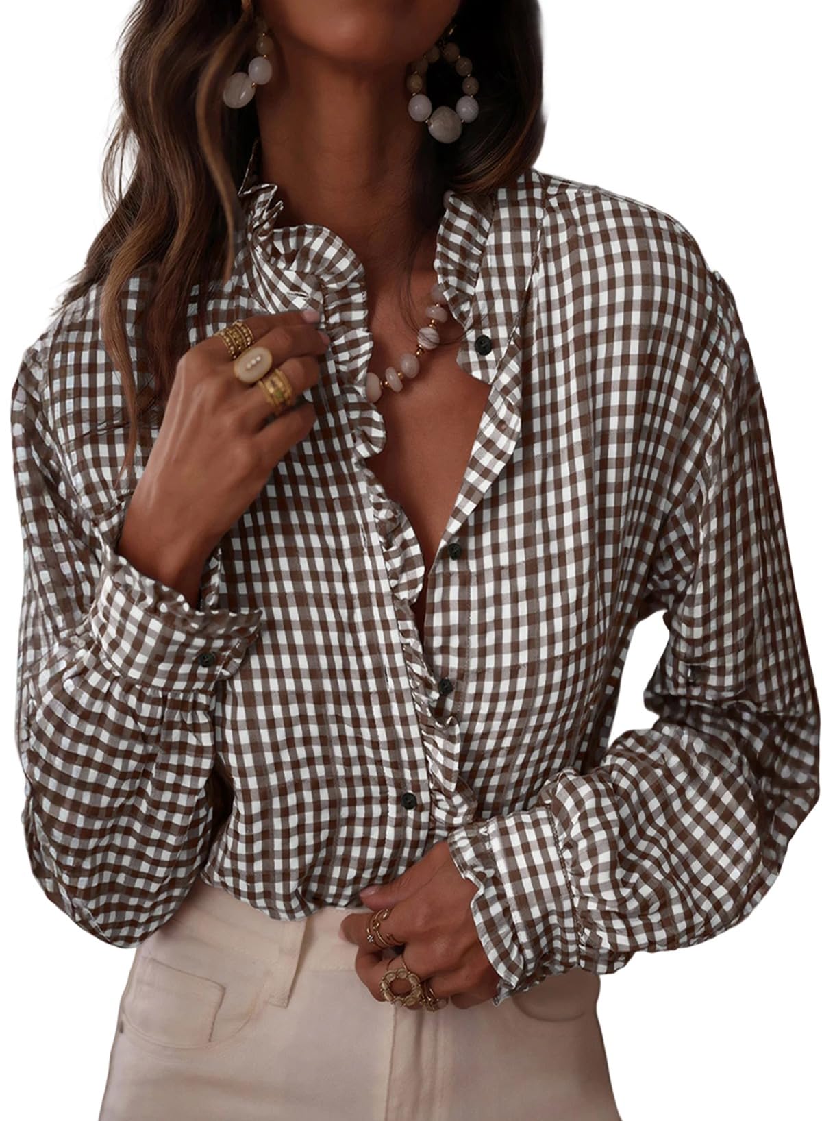 Astylish Womens Plaid Ruffle V Neck Button Down Blouse Casual Long Sleeve Gingham Trendy Tops Work Checkered Shirt