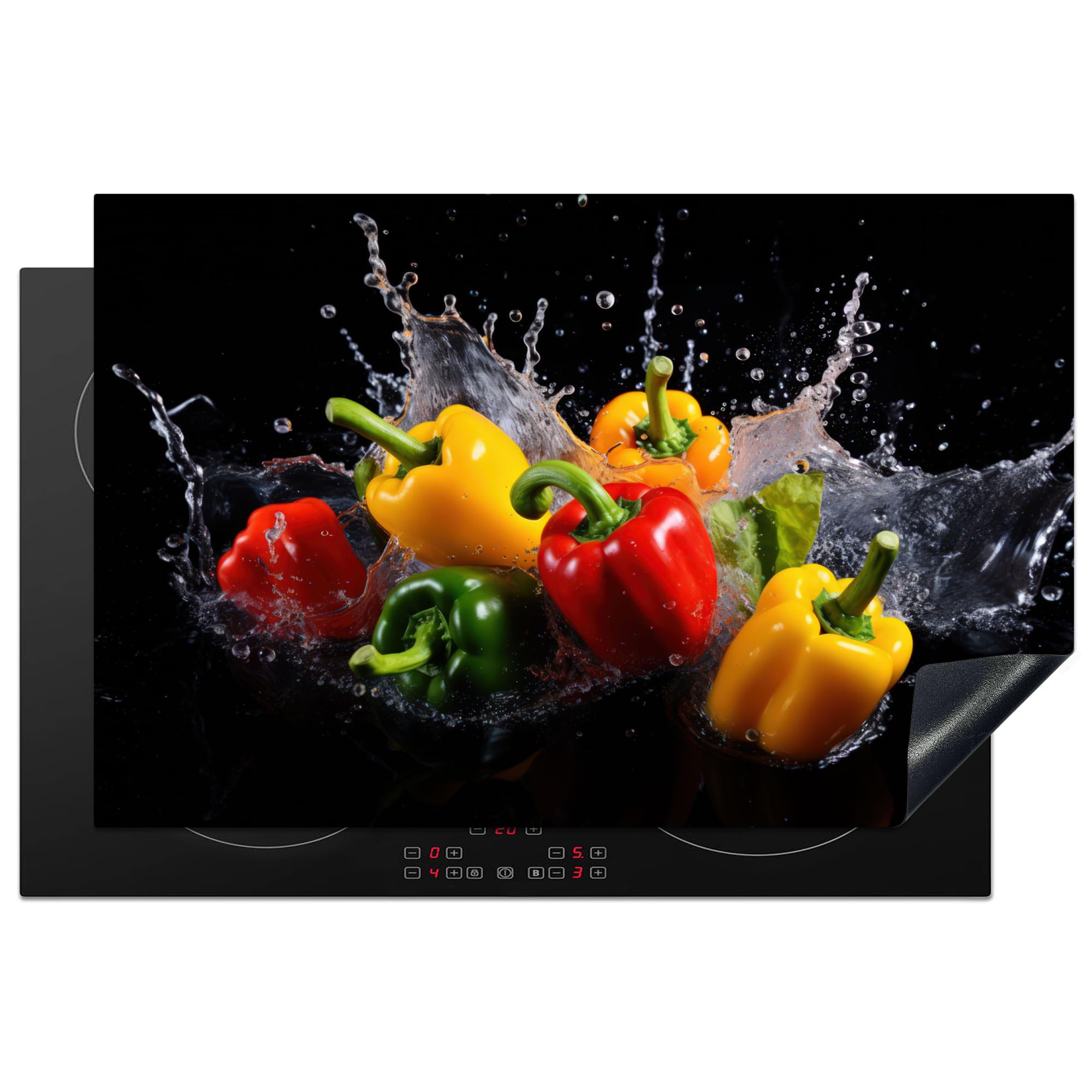 KitchenYeah© Herdabdeckplatte Einteilig Herdabdeckung Abdeckplatte für Ceranfeld Abdeckung Induktionskochfeld Aufrollbare Matte Süßer Pfeffer - Schwarz - Wasser - Gemüse - Rot - Gelb - 81x52 cm