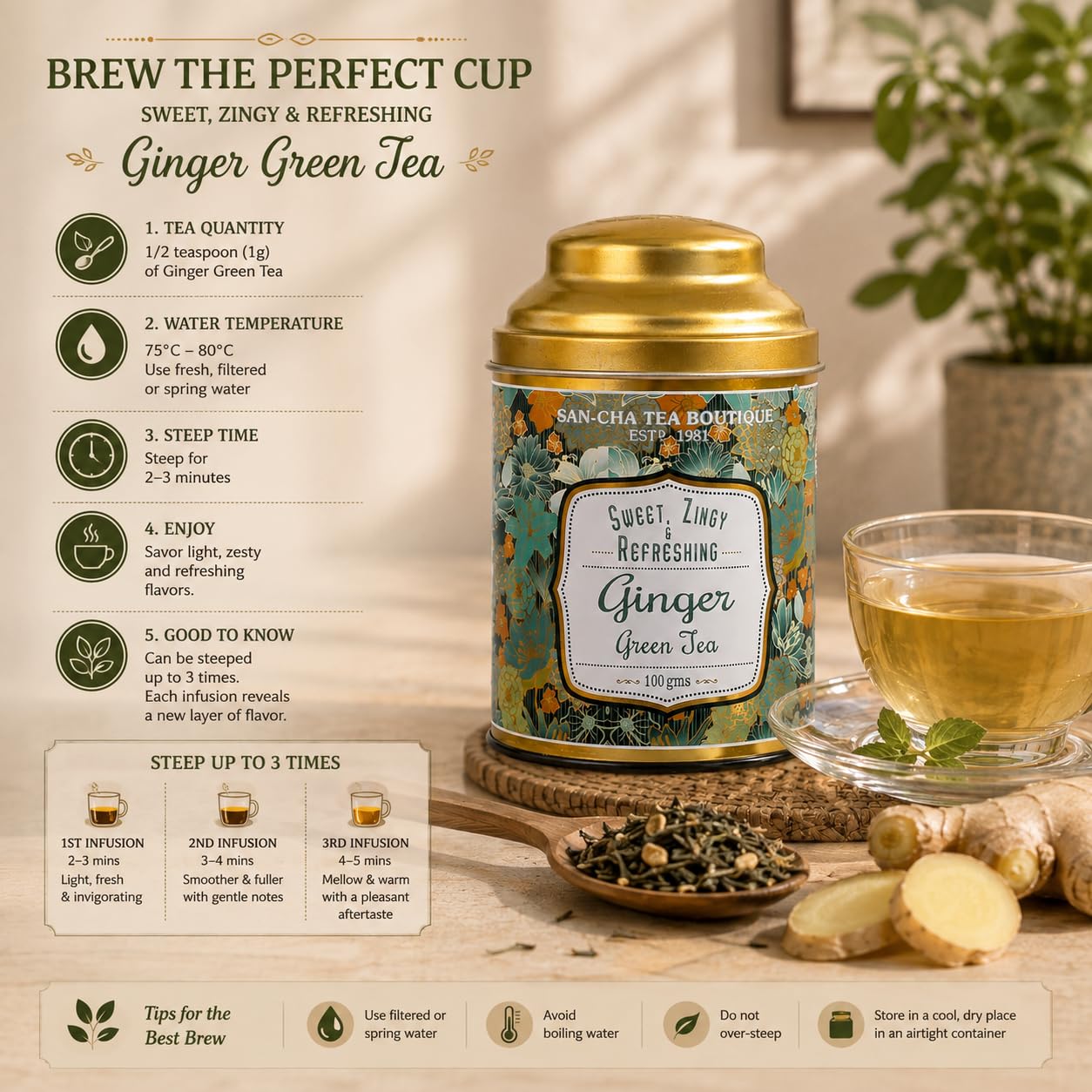Sancha Tea Boutique, Ginger Green Tea, 100g Loose Leaves, Real Adrak Chai, Spiced Wellness Blend, Low Bitterness, Premium Green Tea India — Amazon image 4