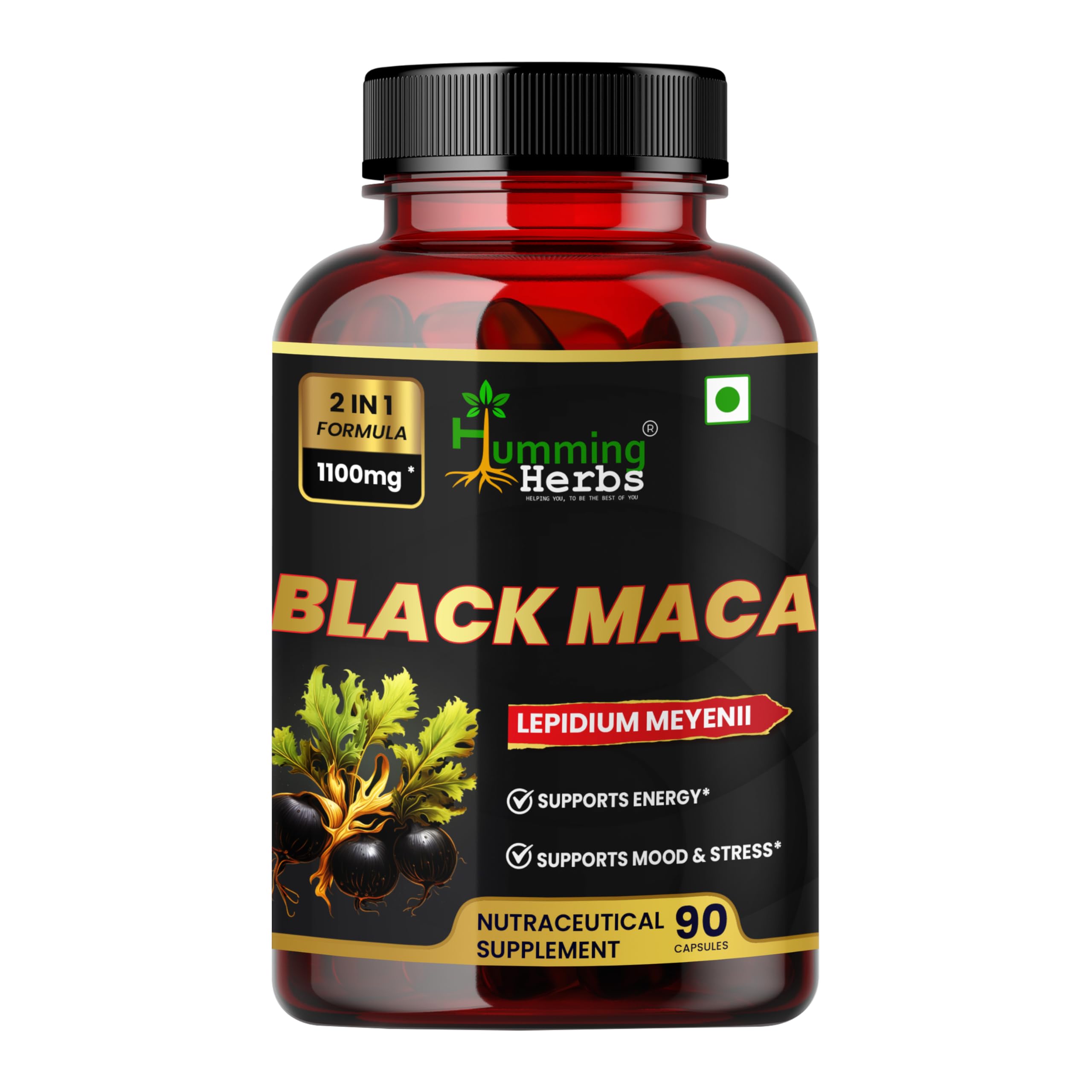 Humming Herbs Black Maca Supplement with L-Arginine – 1100mg 2-in-1 Formula for Energy, Mood & Stress, Stamina Support – Natural Nutraceutical Supplement