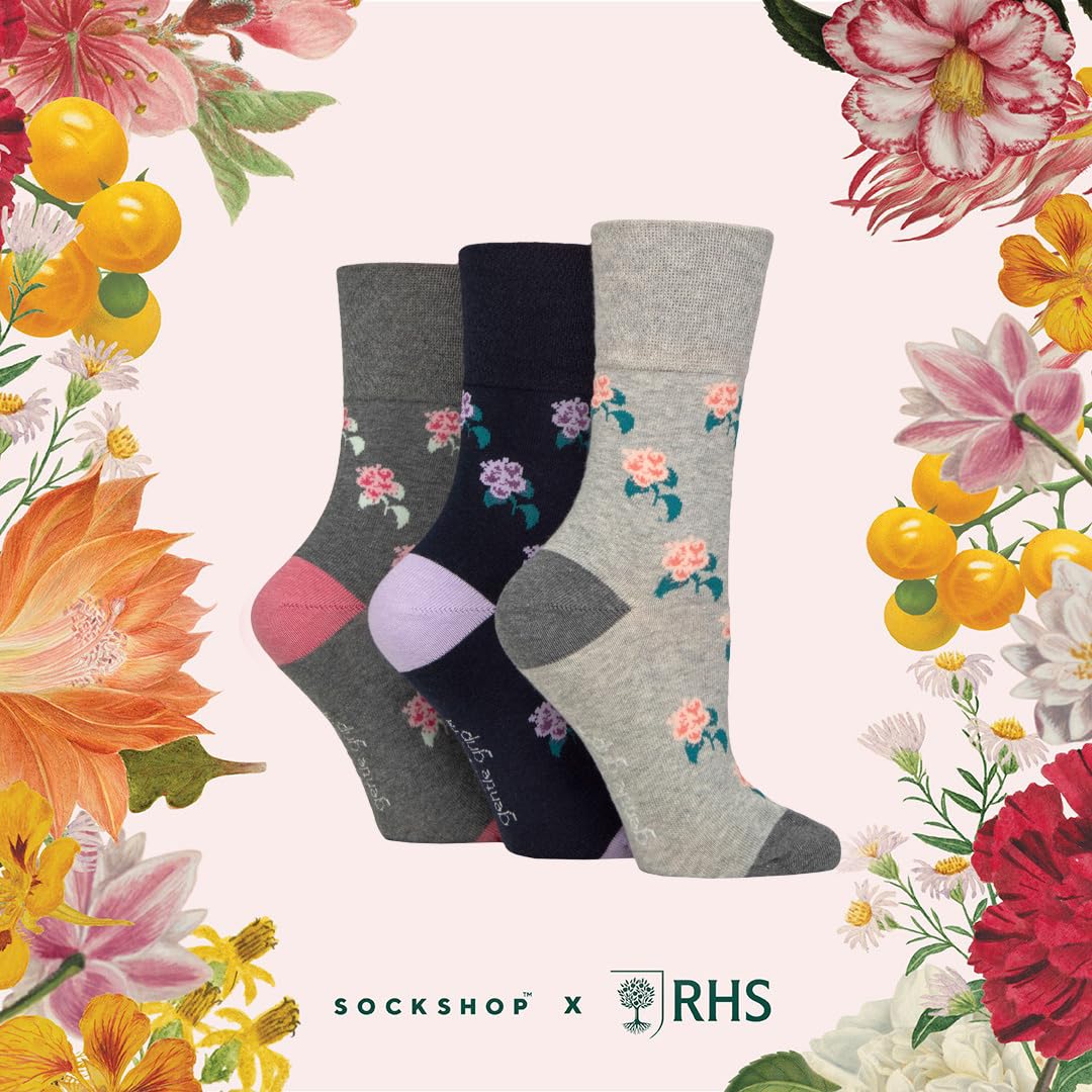 SockShop RHS Królewskie Towarzystwo Ogrodnicze Damskie Skarpetki - RHS x Delikatny Wzór Uchwytu, Bawełniane Skarpety, Prezent dla ogrodników, Rozmiar 37-42 3 pary