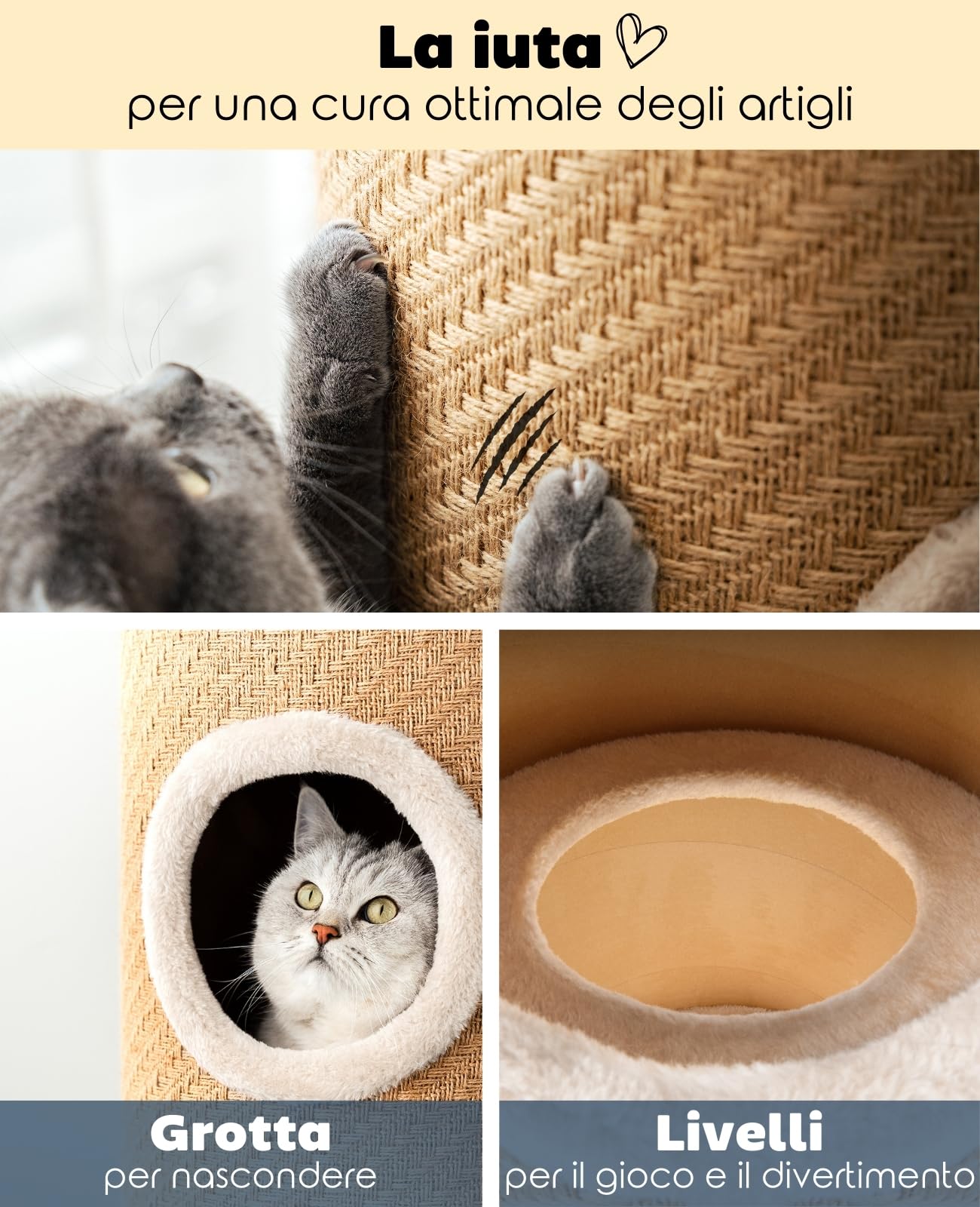 lionto Tiragraffi in Juta con Palla da Gioco, 50 cm, Stabile per Gatti Piccoli e Grandi, Cura delle Unghie e Divertimento, Nascondigli Multipli, Ø 36 cm, beige