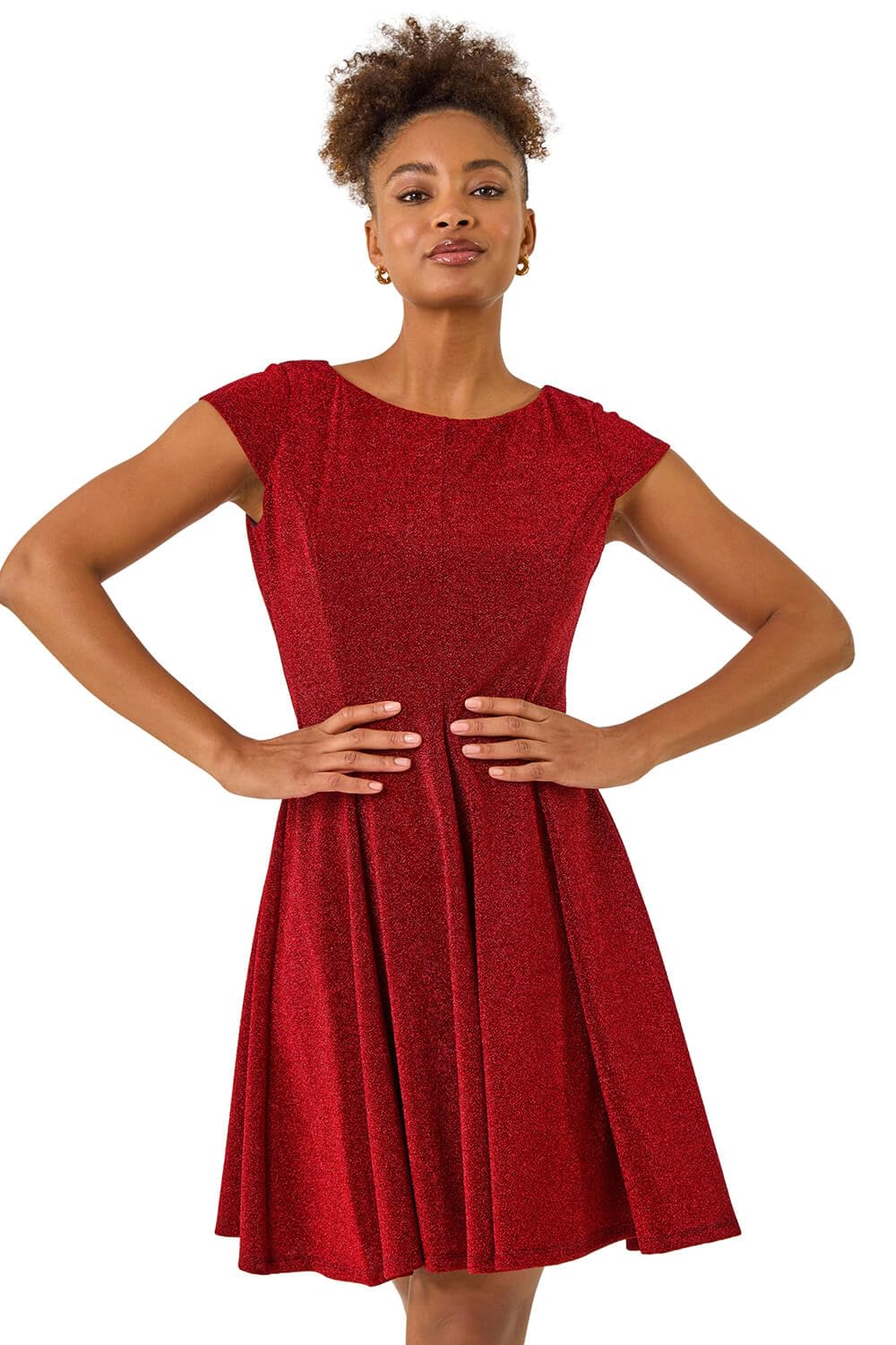 Roman Originals Women's Red Metallic Stretch Flare Dress For Uk - Everyday Autumn Winter Round Neckline Comfy Soft Evening Vacation Work Party Night Out - Size 18