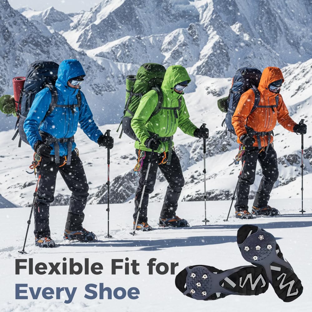 Punte antiscivolo universali 2026 per scarpe da neve e ghiaccio, con chiodi in acciaio a 5 denti, tacchetti di trazione per ghiaccio e neve antiscivolo in silicone, per passeggiate, escursionismo