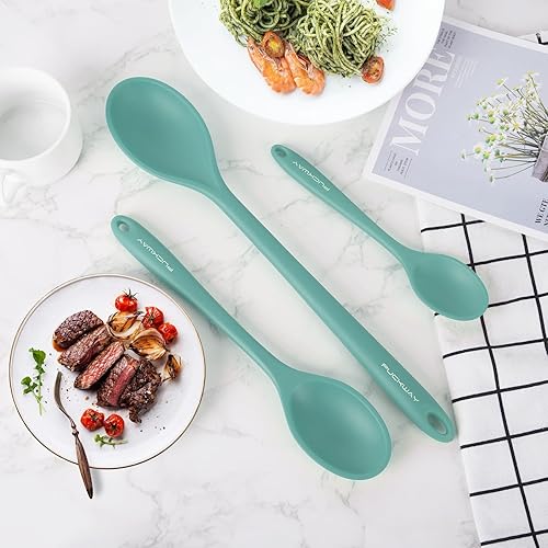 Miniatura 7 de Juego de 3 cucharas de silicona de 7.9, 10.6 y 14.2 pulgadas para cocinar, cucharas de cocina resistentes al calor para mezclar, remover y servir,