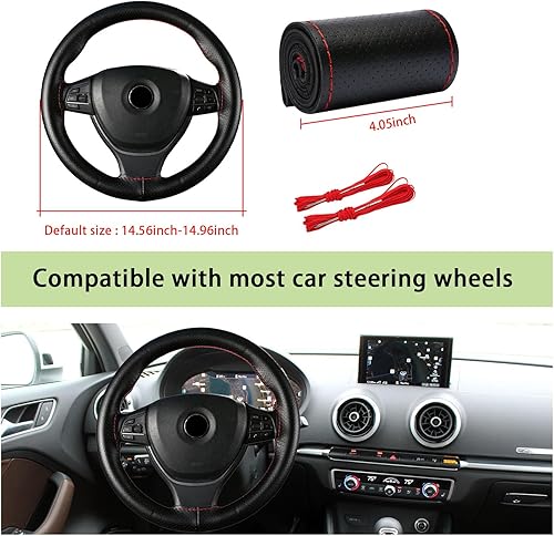 Miniatura 2 de Funda de cuero genuino para volante, protector universal de 15 pulgadas para volante de automóvil con hilo de aguja, funda transpirable