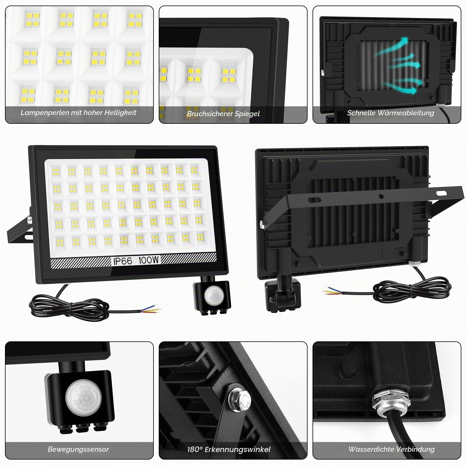 T-SUN LED Strahler mit Bewegungsmelder Außen, 100W 10000LM,2 Stück | Superhell aussenlampe, 200LEDs Fluter, IP66 Wasserdicht Wandleuchte, 6000K Kaltweiß LED Außenleuchte für Garten Garage Hof