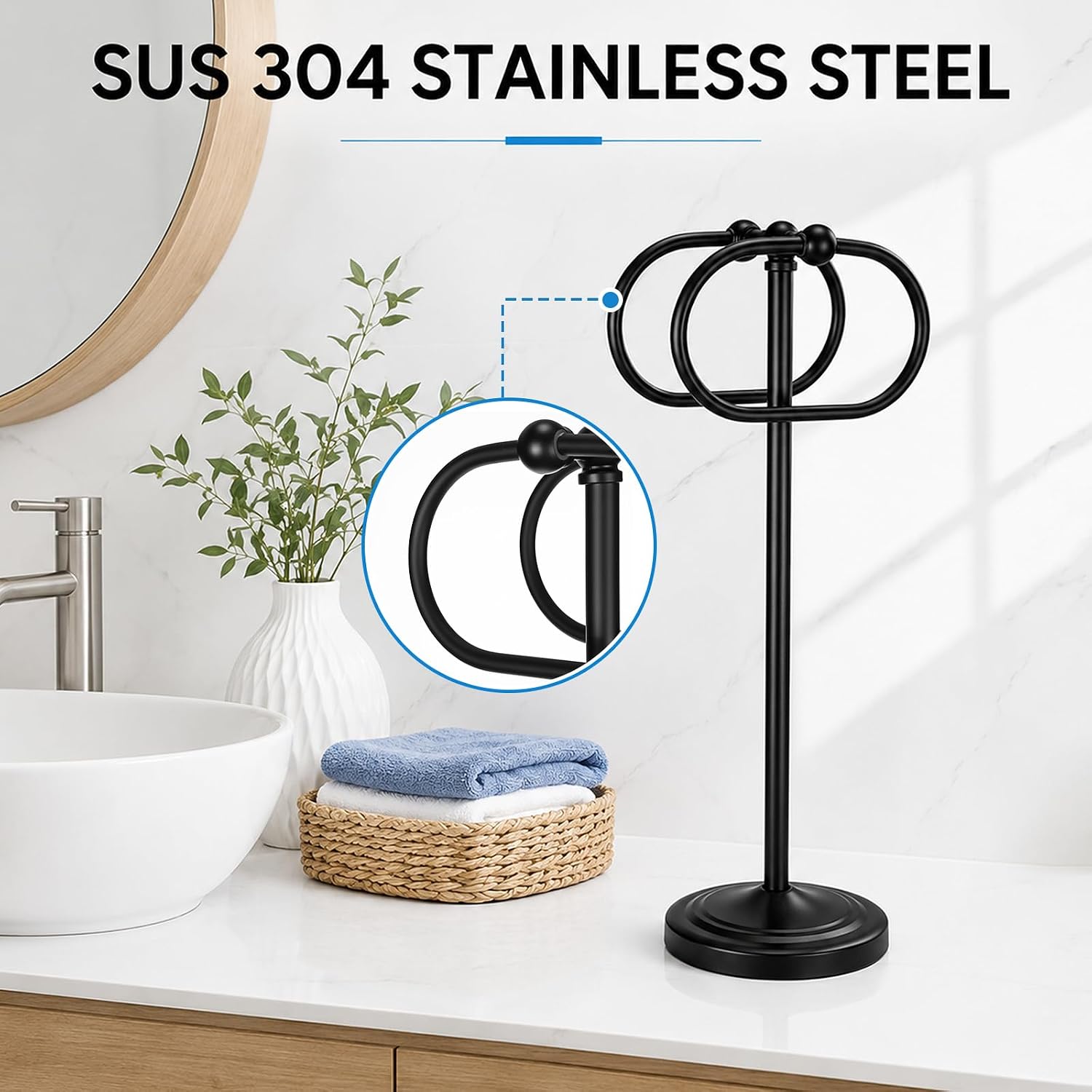 Moxweyeni Hand Towel Holder Stand 14'' Tall with 2 Hanging Rings, Black