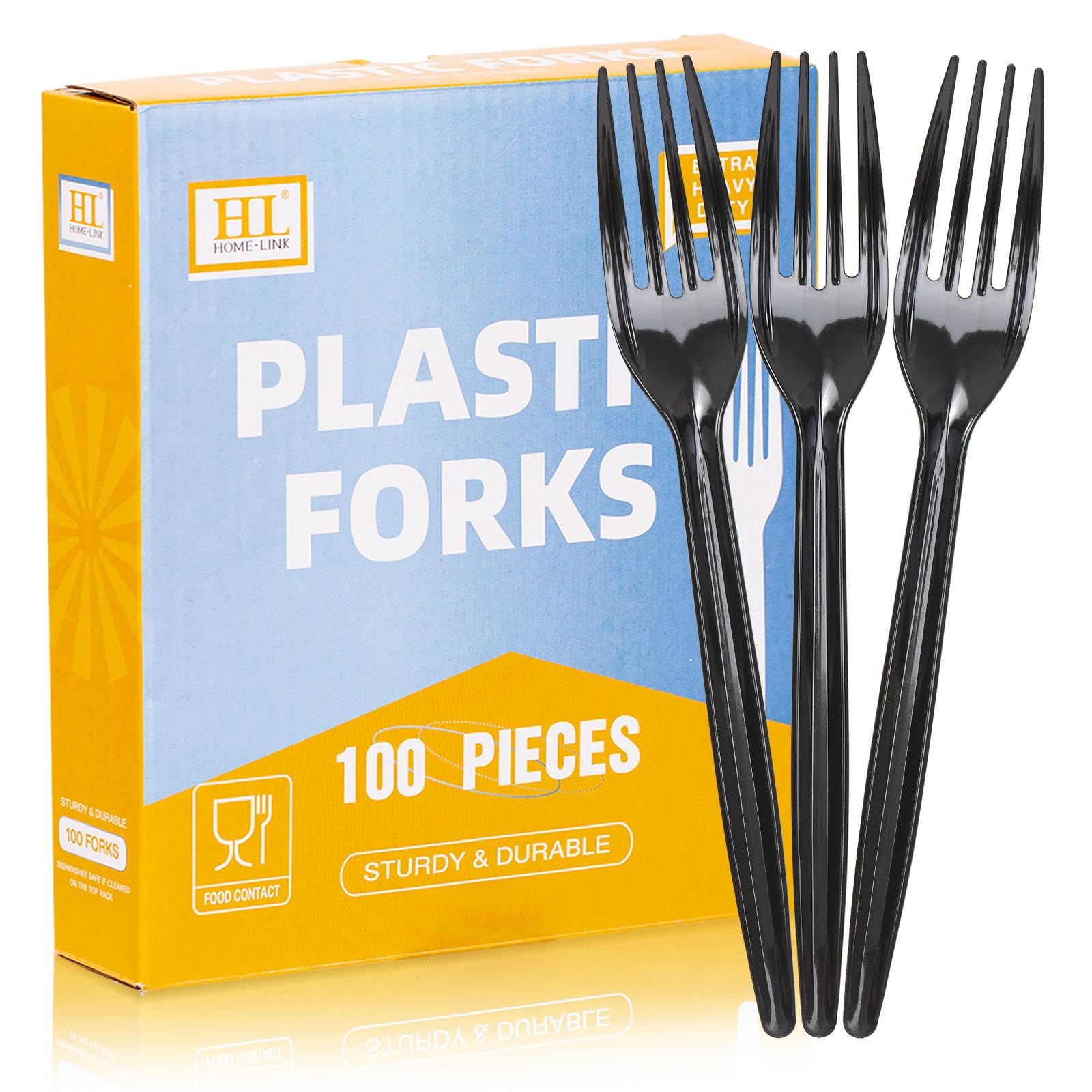 [100 Count] 7.1" Plastic Forks Disposable- HL HOME-LINK Black Heavy-duty Full Size Forks Durable Disposable Utensils for Wedding, Daily Use, Gathering, Party Supplies