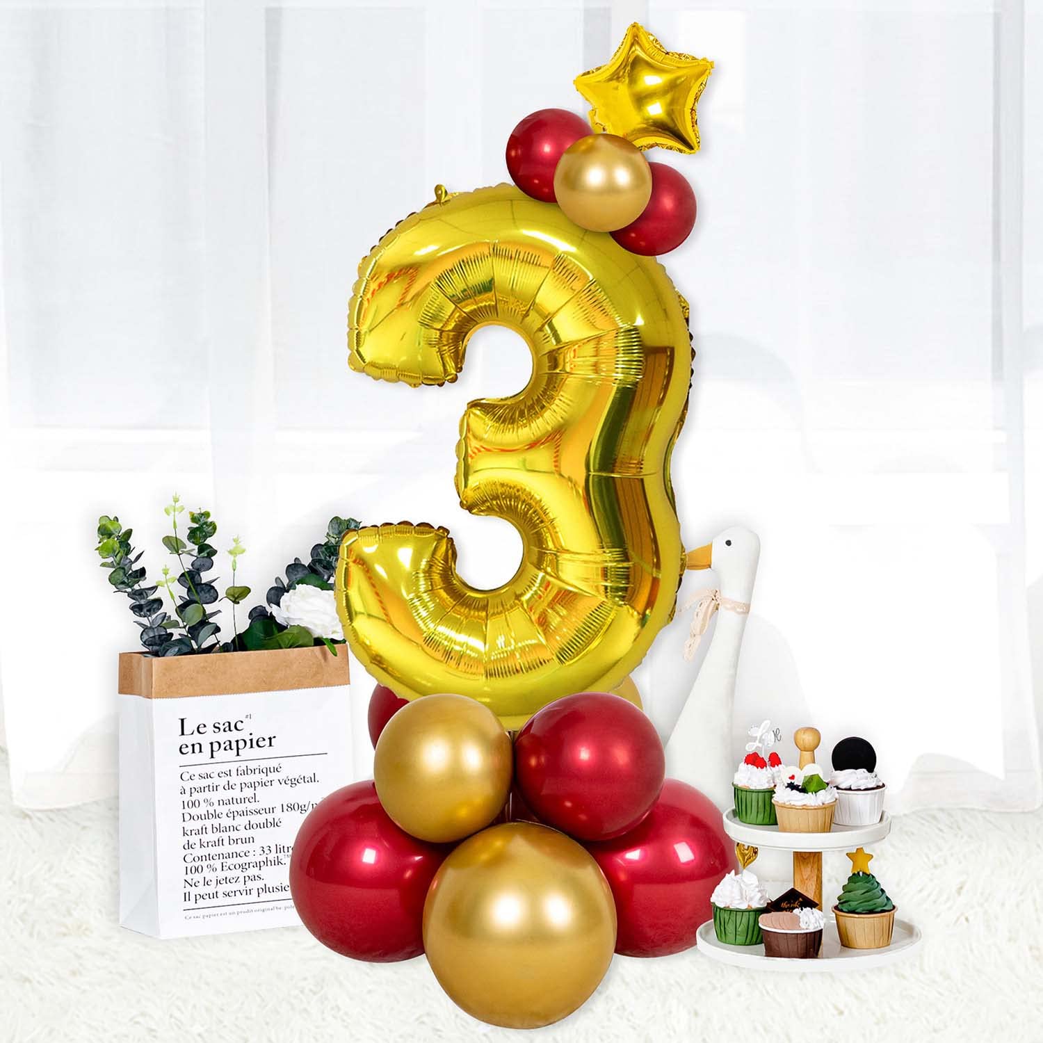 Yamibobo 32 Inch Large Number Balloon Set With Gold Crown Latex Balloons, Giant Aluminum Foil Number Balloon for Birthday Party Anniversary Decorations Supplies (Number 3)
