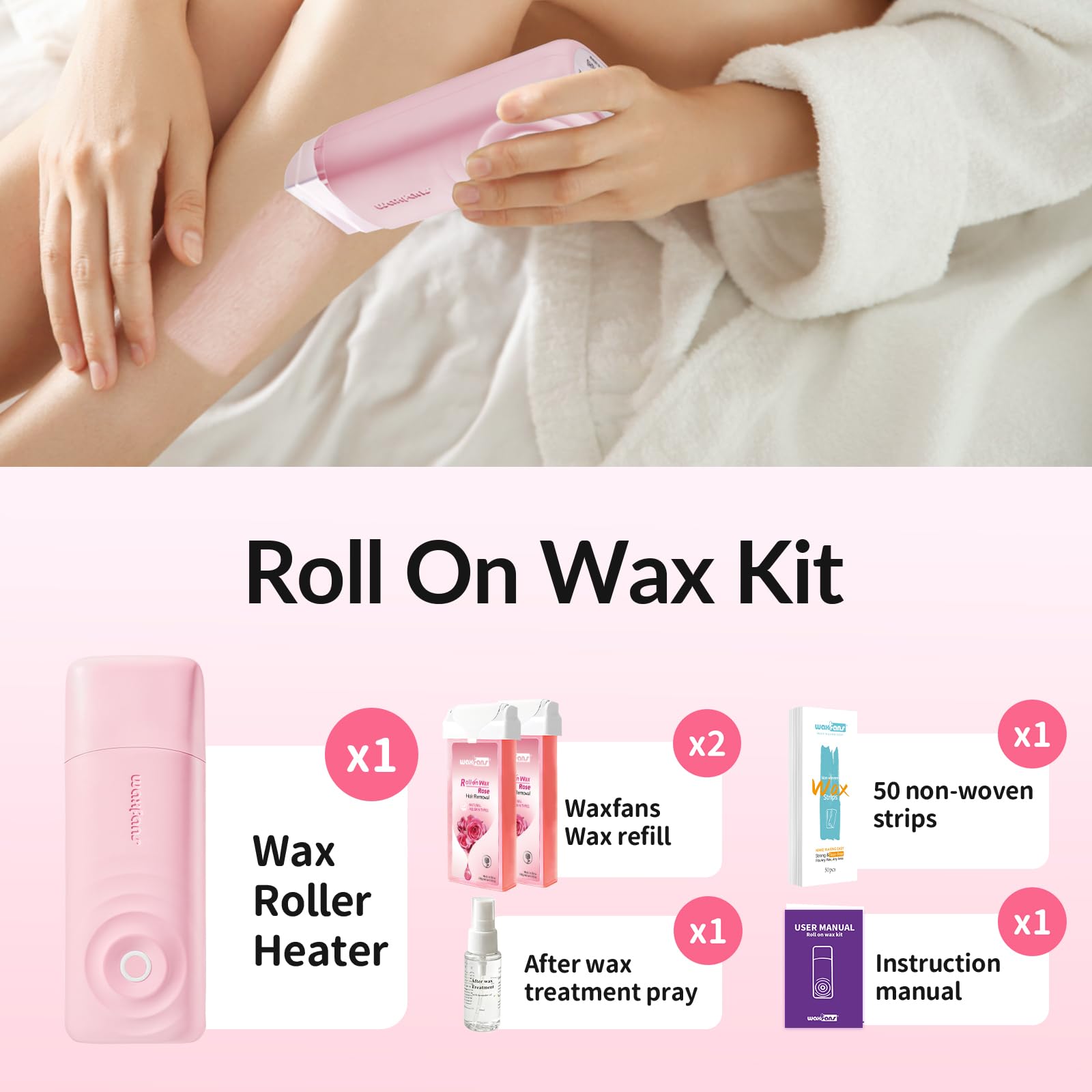 Waxfans Wax Roller Kit, Waxing Kit zur Haarentfernung, Cera Para Depilar zu Hause Waxing Kit für Körper und Beine Haarentfernung, mit 2 Wachs-Nachfüllungen (Honig) & 50 Wachsstreifen, Easy & Smooth
