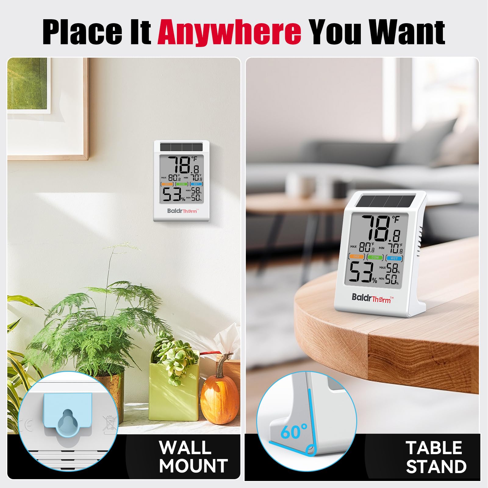 BaldrTherm Raumthermometer, Luftfeuchtigkeitsmesser, solarbetrieben, mit Max/Min-Speicher und Komfortanzeige, 8,1 cm großes Display für Zuhause, Weiß, 3 Stück