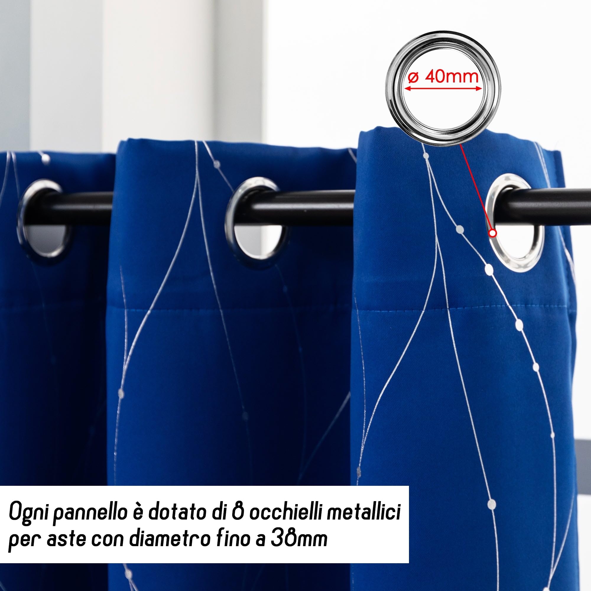 Par de cortinas opacas térmicas suaves con diseño entrelazado plateado - Cortina aislante para salón, dormitorio e interior - 2 paneles con ojales (140 x 145 cm, azul eléctrico)