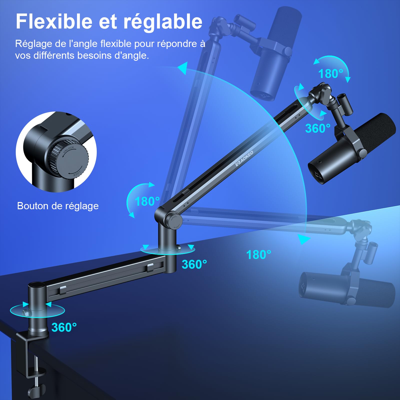 Bras Micro,Aokeo AK-58 Support Articulé de Bureau à Profil Bas pour Blue Yeti,Snowball iCE,HyperX QuadCast/SoloCast,Elgato Wave,etc