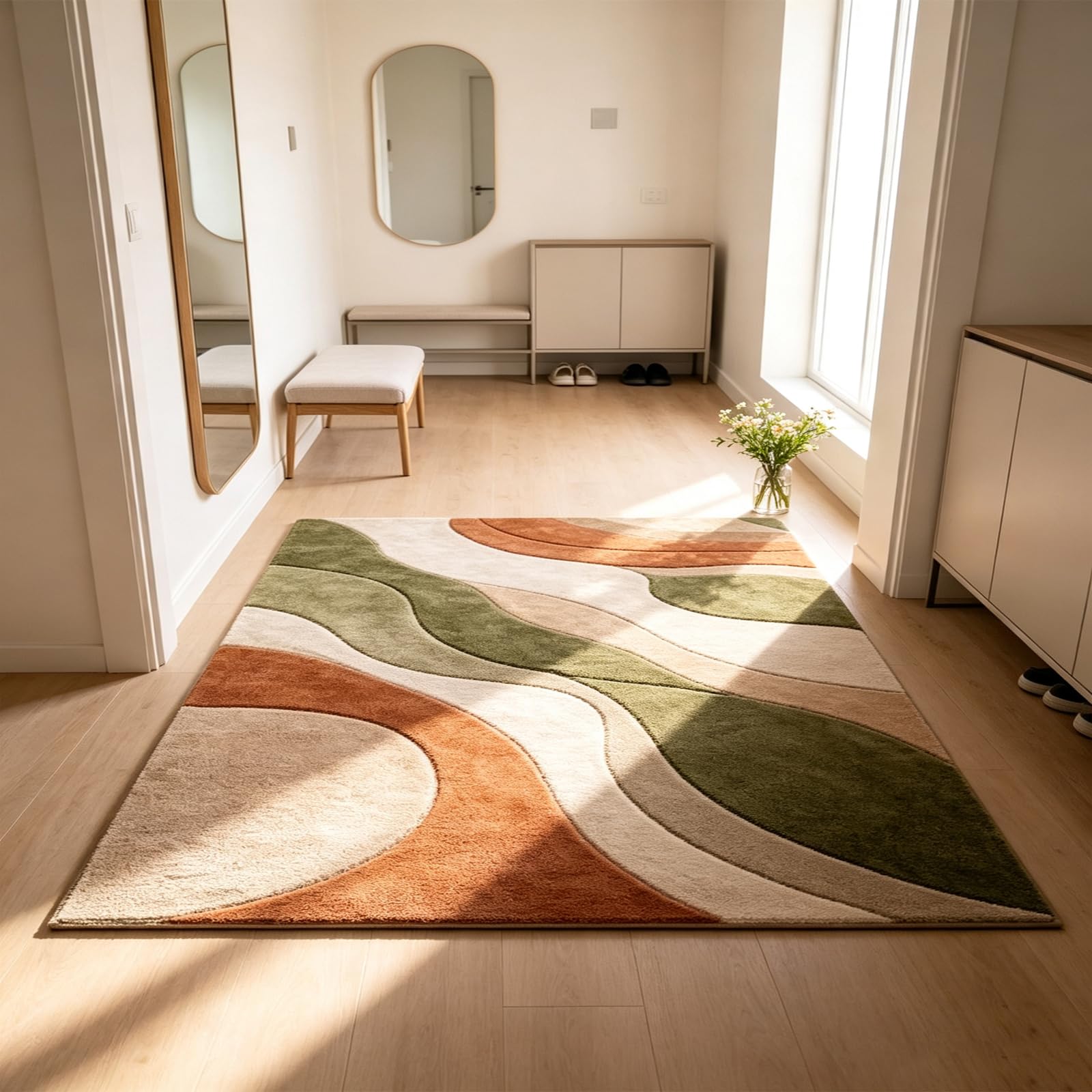 Moderner Wellenmuster Teppich 150 x 240 cm, waschbar, rutschfest, Terrakotta, Grün, Beige, geometrisches Muster, Kurzflorteppich für Wohnzimmer, Schlafzimmer, Flur, Waschküche