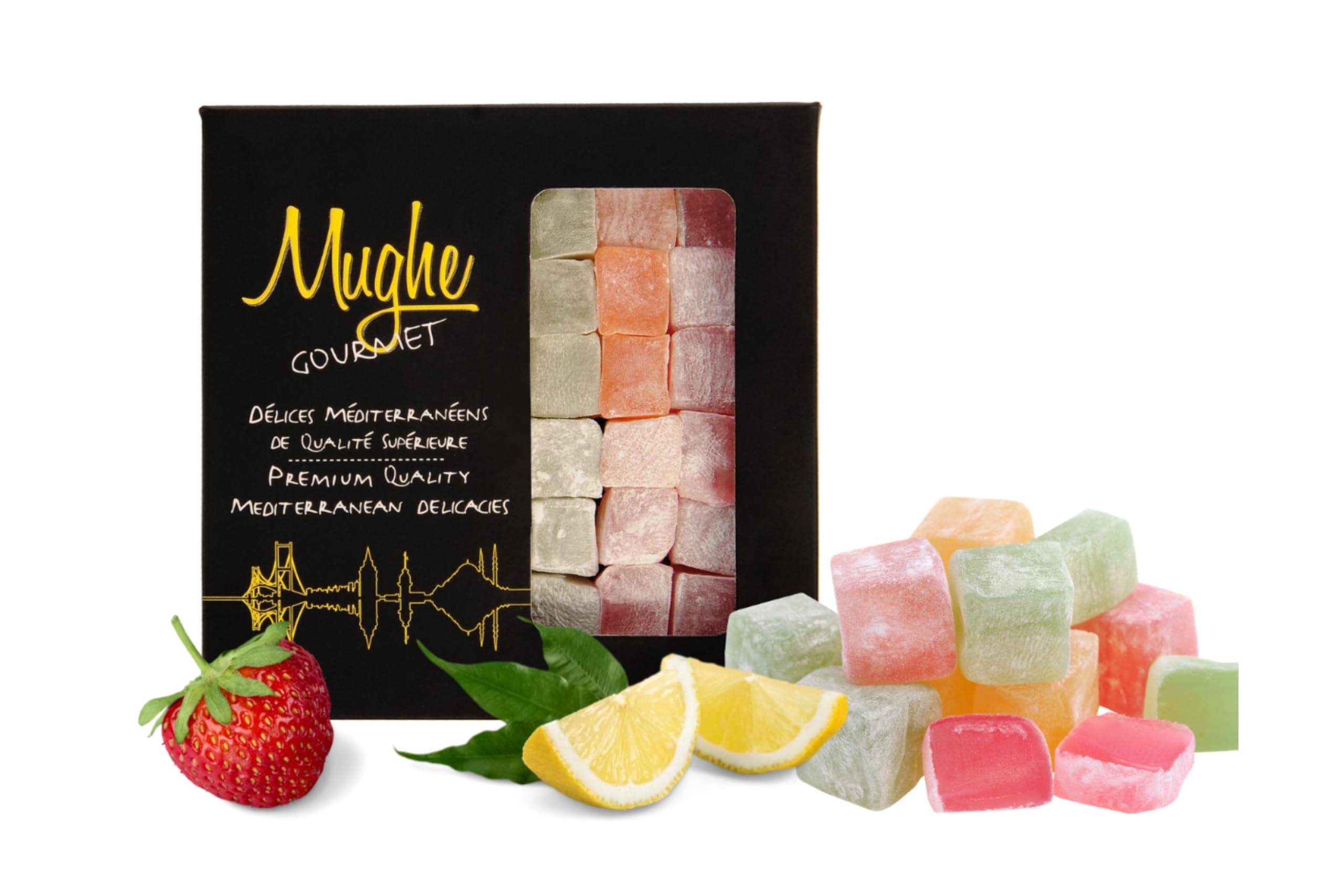 Mughe Gourmet Tureckie słodycze Delight, eleganckie pudełko prezentowe – 370 g – halal, wegańskie – lokum o smaku róż, truskawek, cytryny, pomarańczy, mięty – prezent na specjalne okazje, urodziny