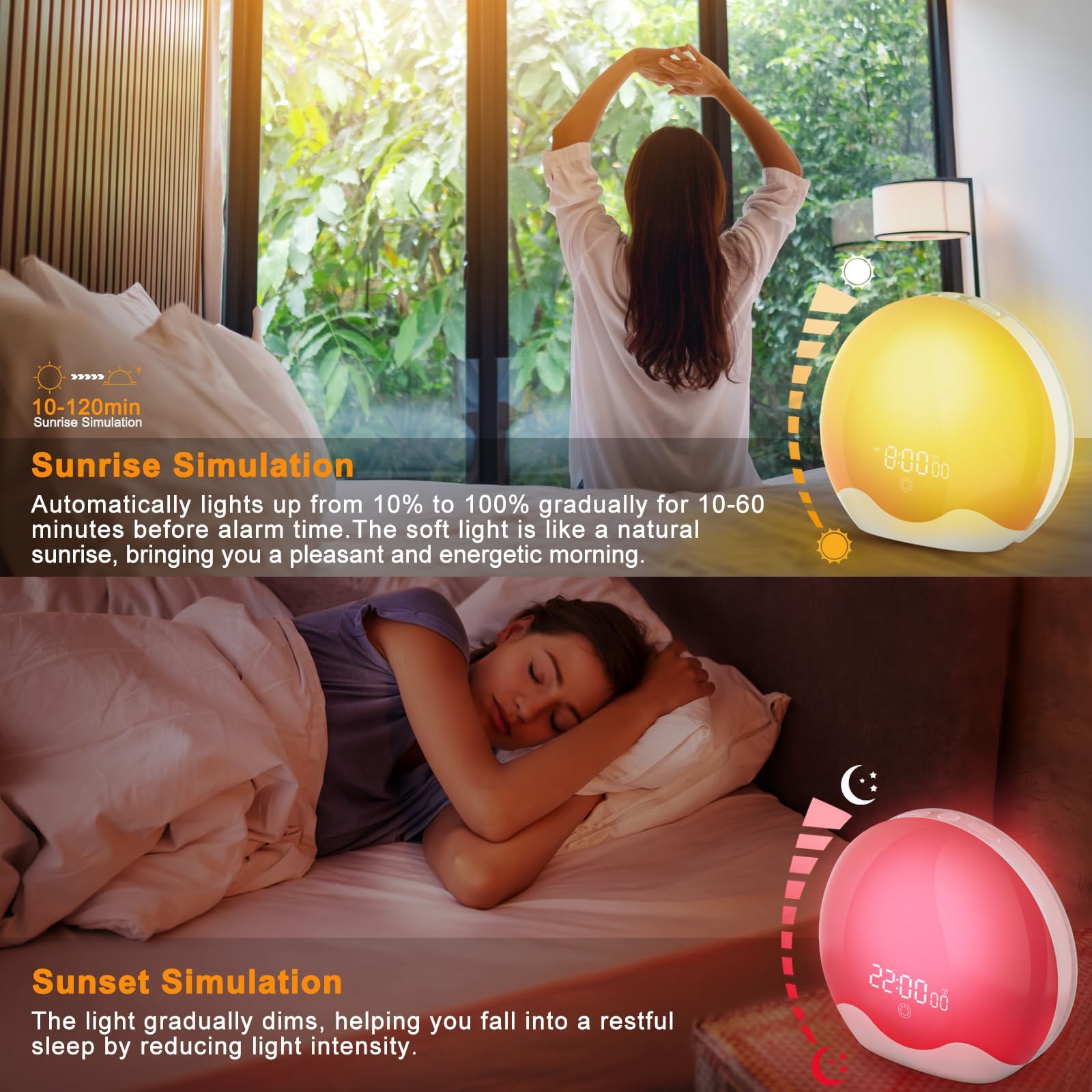 Sveglia luminosa, alba e tramonto, radio FM, 5 suoni naturali, 2 allarmi, snooze, 12 luci colorate, 20 luminosità, lampada da comodino per bambini