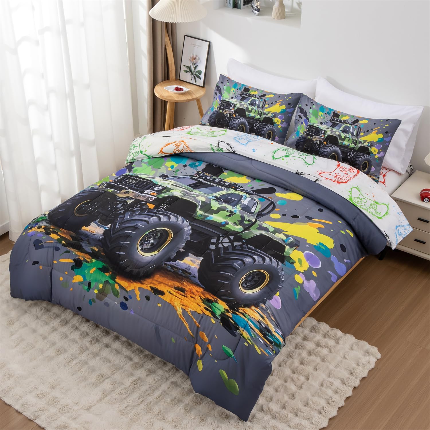 Holawakaka Boys Twin Size Off-Road Camo Racing Truck Print Bedding Comforter Set with Sheets, Cartoon Camouflage Race Trucks Bed in A Bag 5 Pieces Kids Teens Monster Car Dorm Reversible Bed Sets